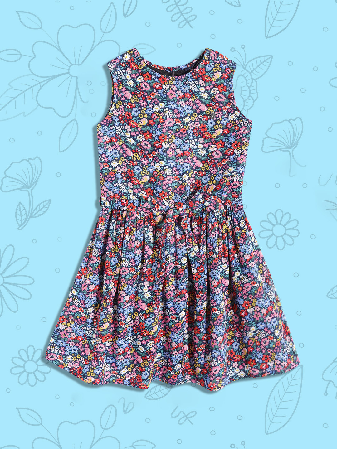 

Allen Solly Junior Girls Blue & Pink Floral Print Fit & Flare Dress with Belt