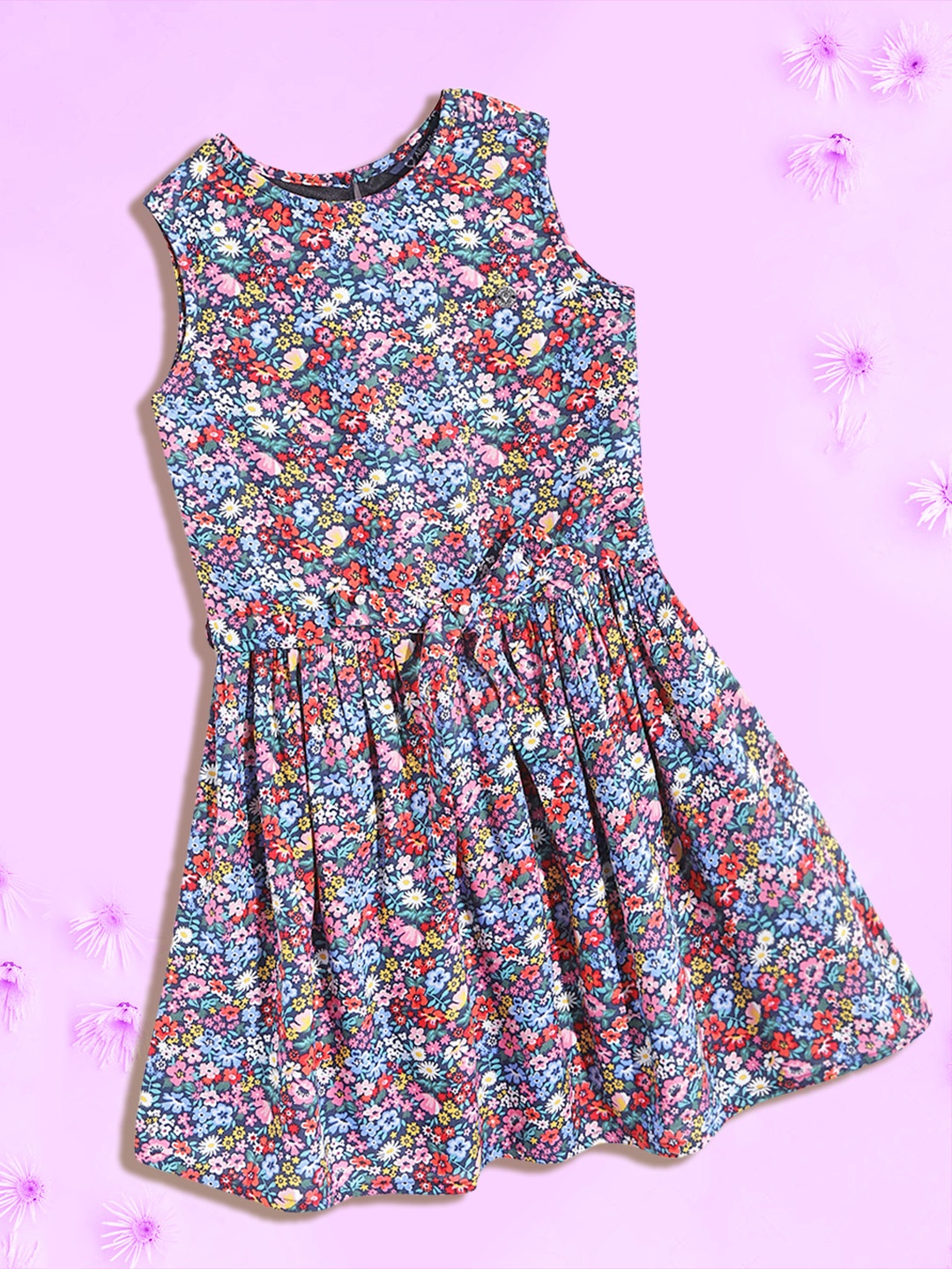 

Allen Solly Junior Girls Blue & Pink Floral Print Fit & Flare Dress with Belt