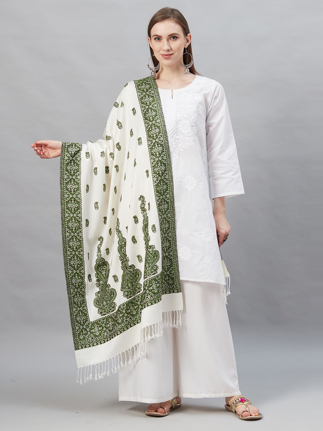 

Indo Era Off White & Green Paisley Woven Design Cotton Silk Dupatta