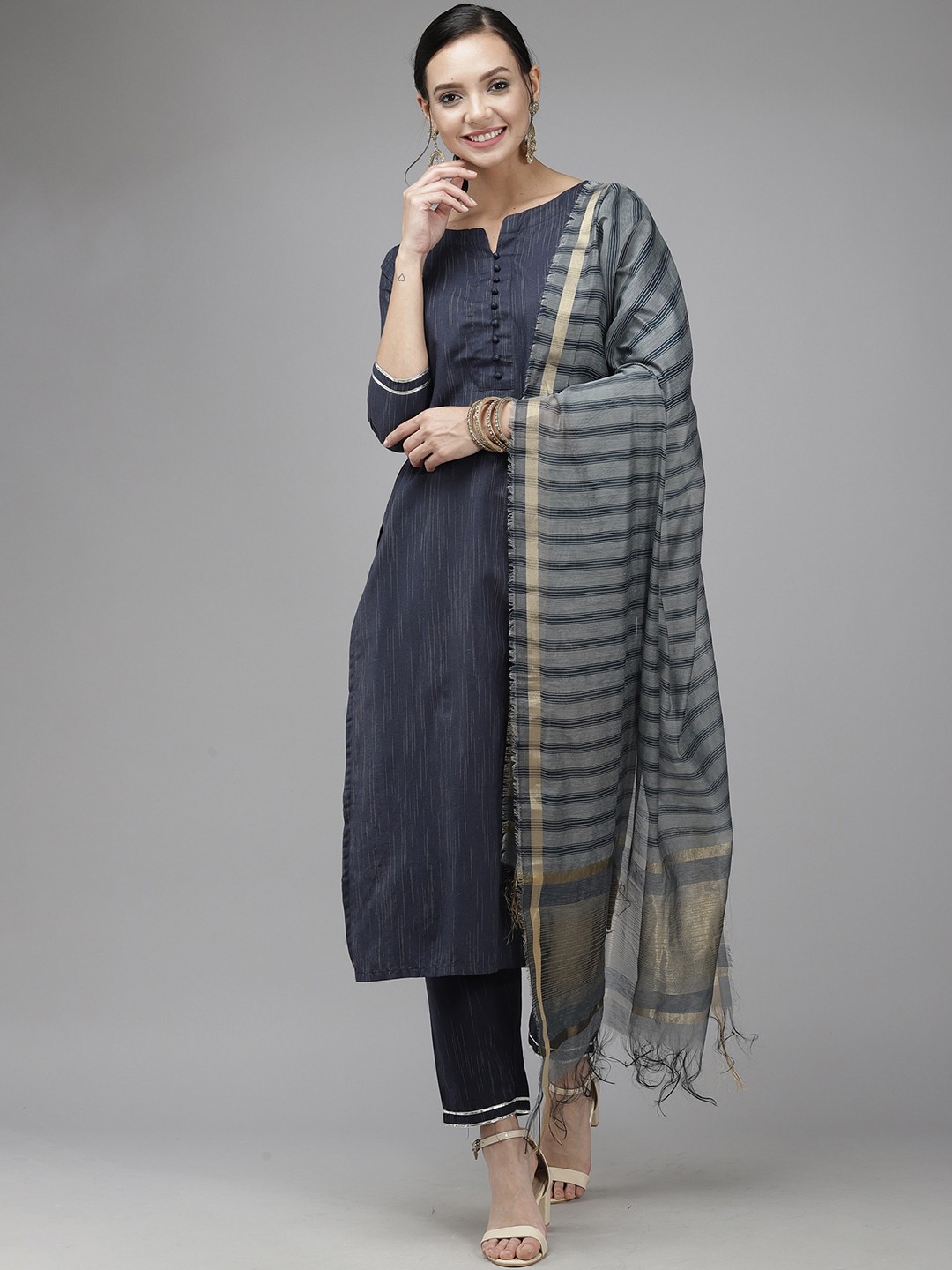

Indo Era Women Navy Blue Embroidered Panelled Kurta with Trousers & With Dupatta