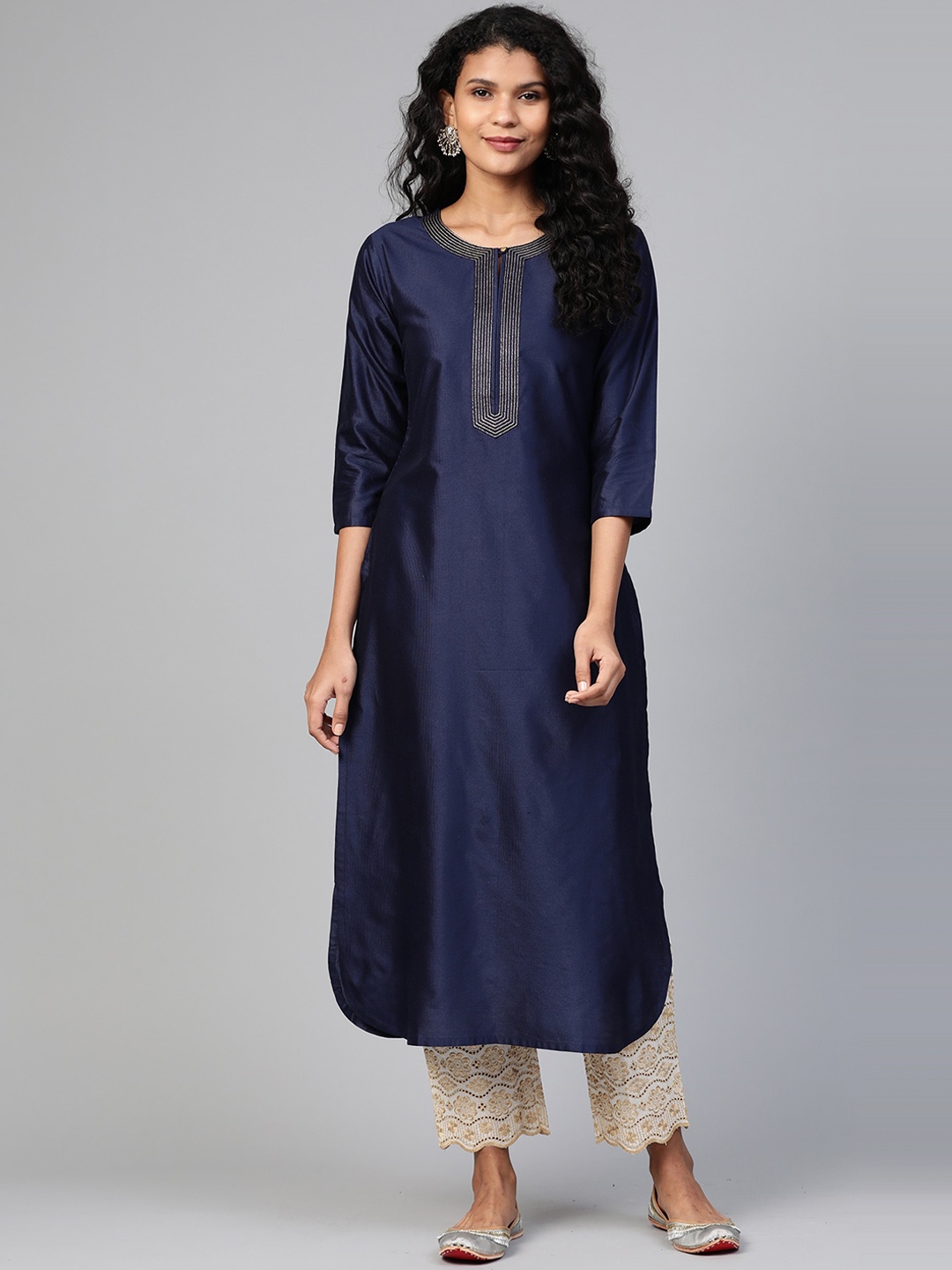 

Indo Era Women Navy Blue Yoke Design Kurta