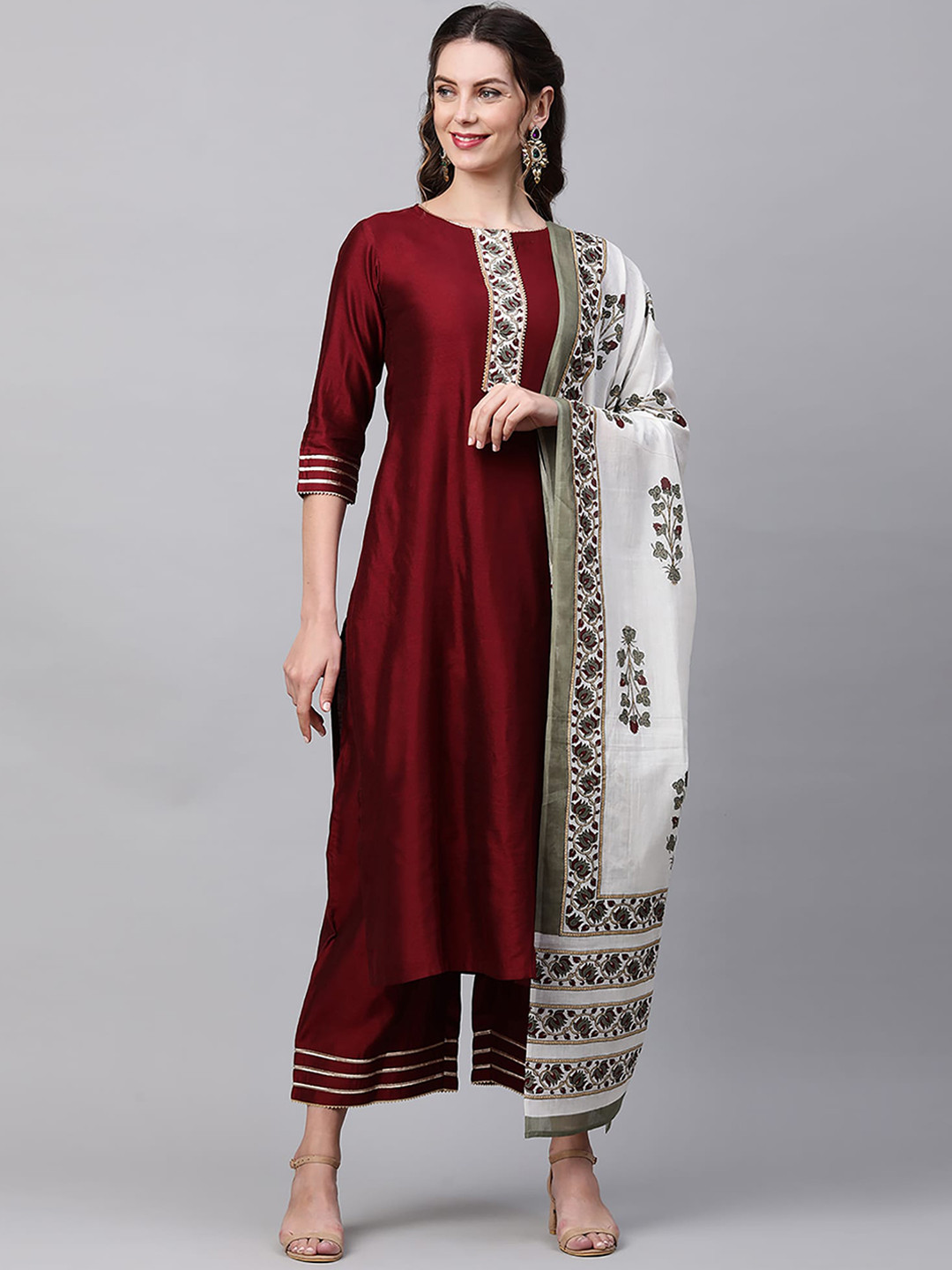 

Indo Era Women Maroon Ethnic Motifs Yoke Design Panelled Kurta with Palazzos & With Dupatta