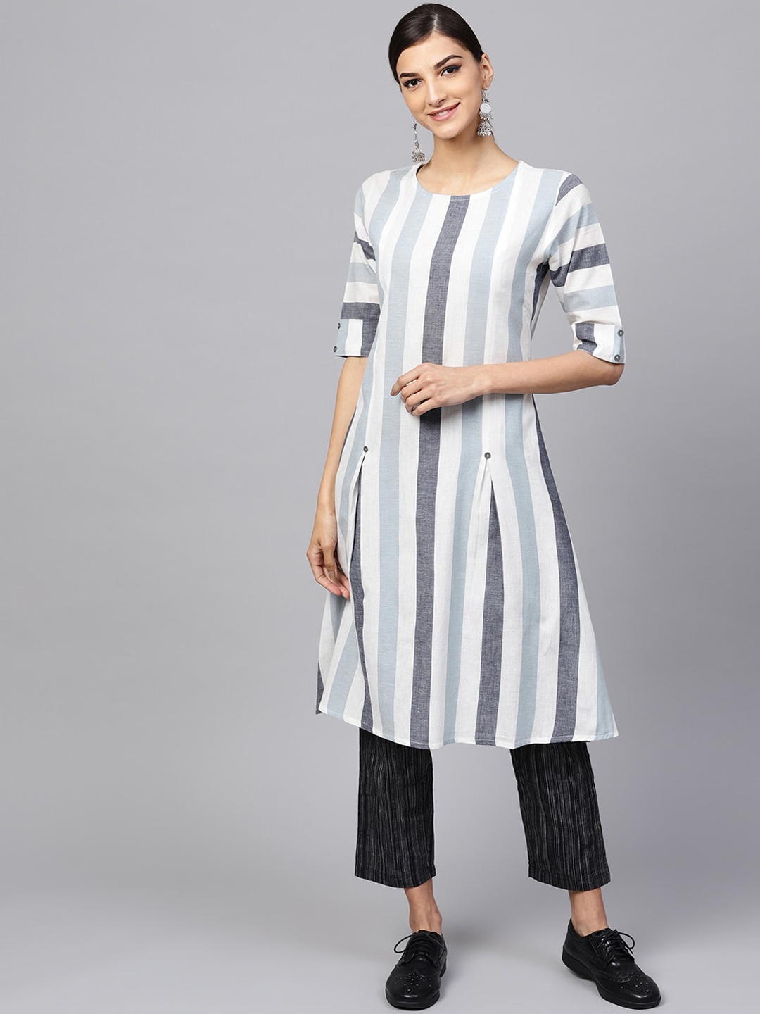 

Indo Era Women White & Grey Striped South Cotton A-line Kurta