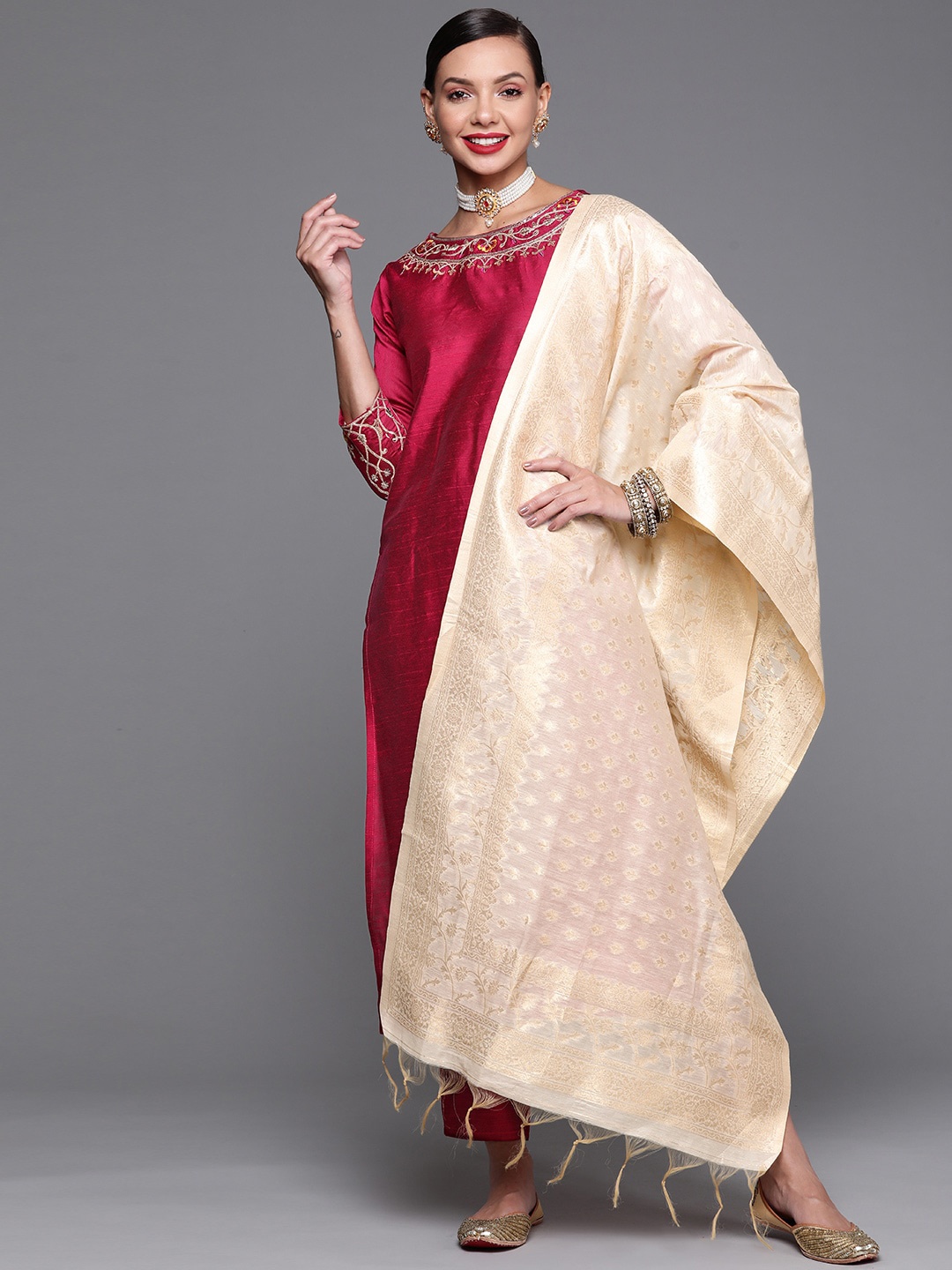 

Indo Era Women Pink Chanderi Silk Kurta with Trousers & With Dupatta