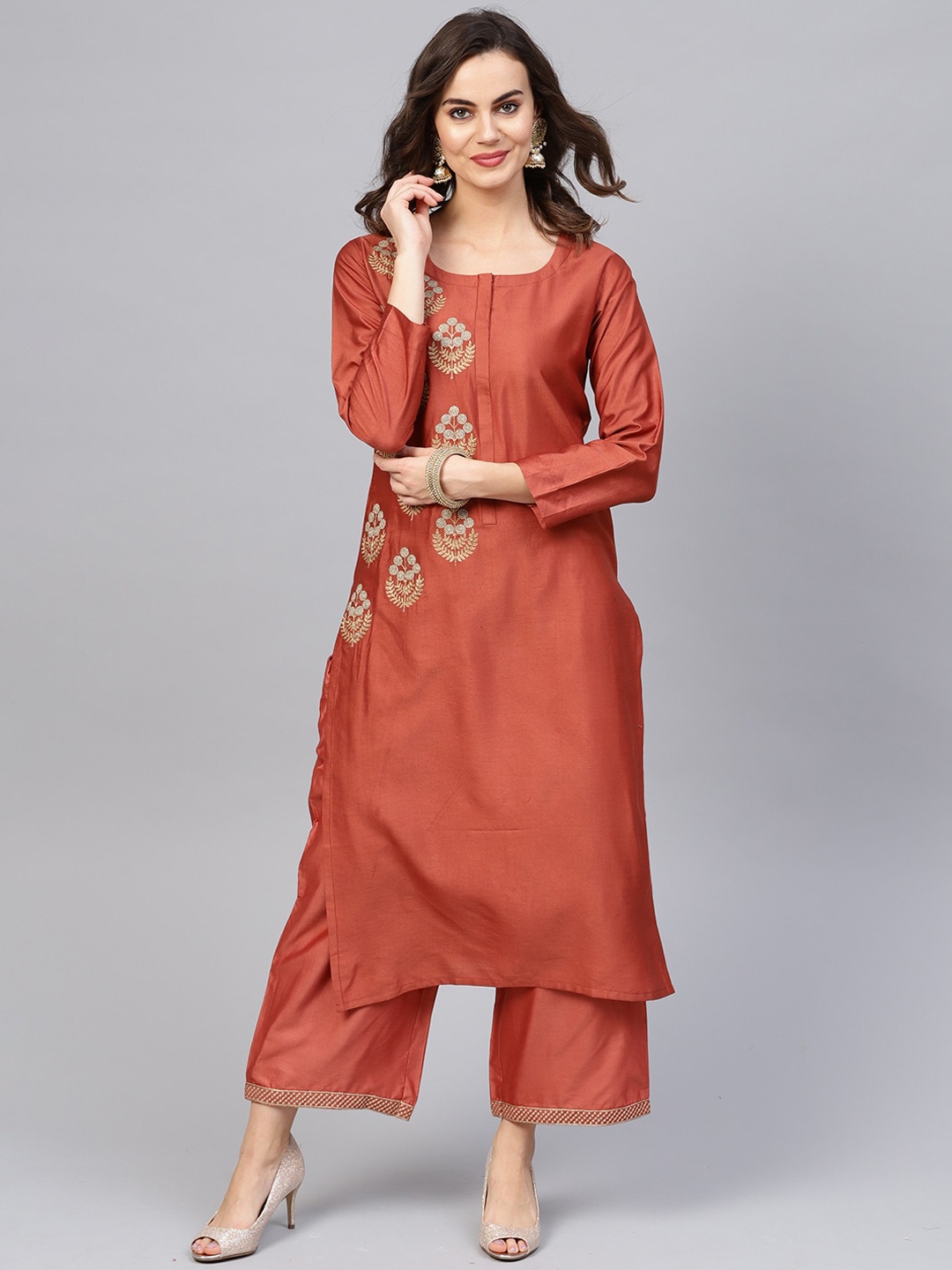 

Indo Era Women Rust Embroidered Chanderi Silk Kurta with Palazzos