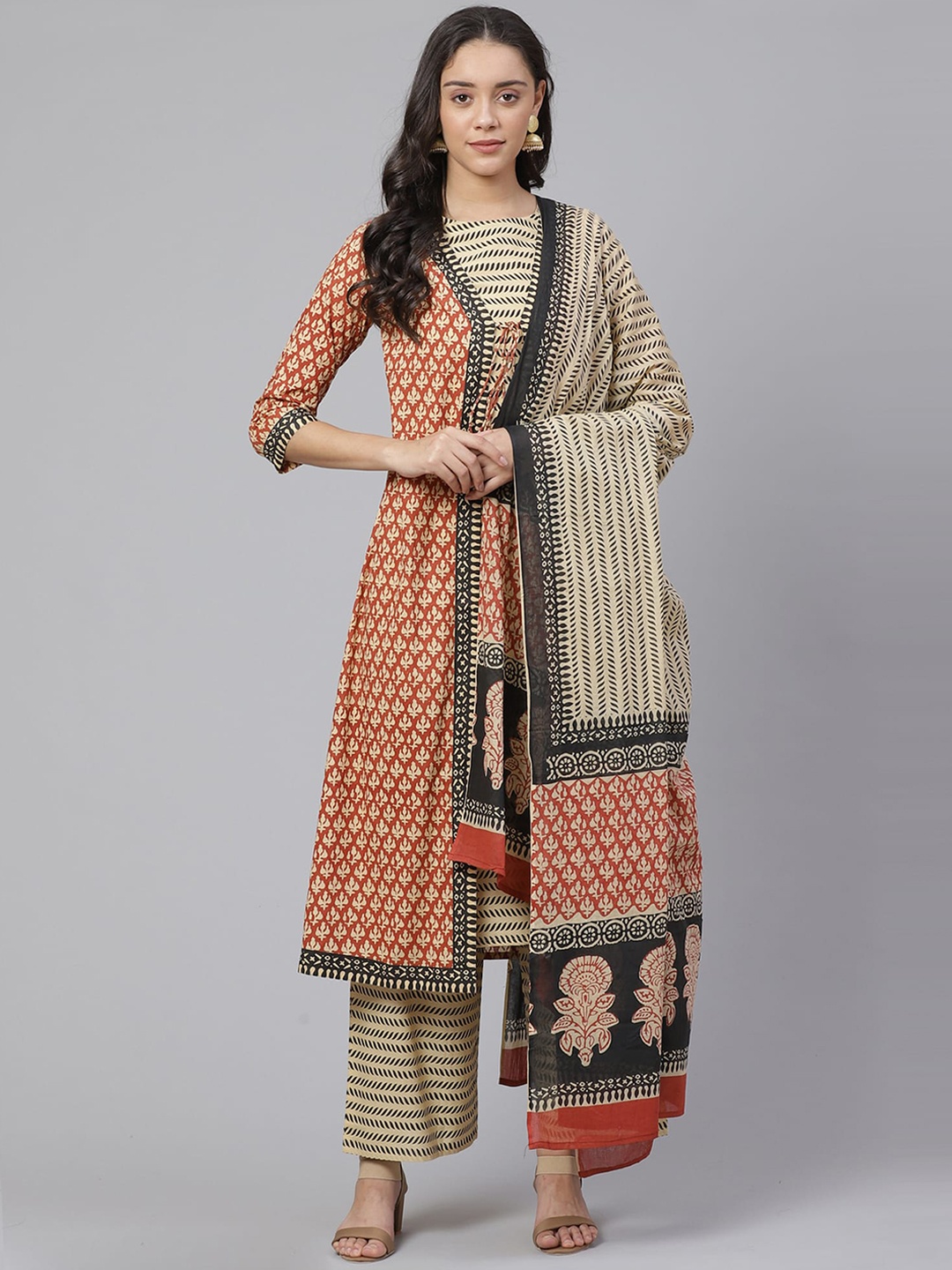 

Indo Era Women Red Ethnic Motifs Printed Pure Cotton Kurta with Trousers & Dupatta