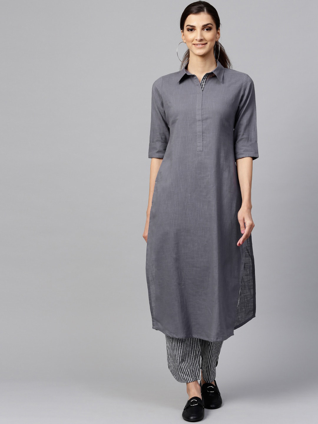 

Indo Era Women Grey Pure Cotton Pathani Kurta With Palazzos