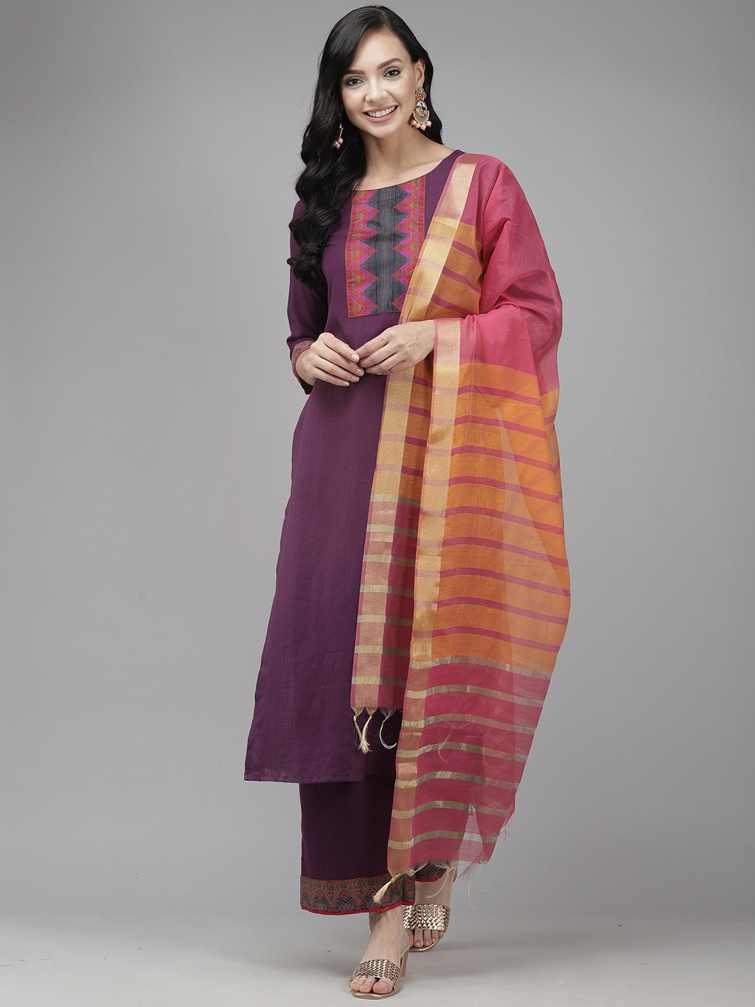 

Indo Era Women Purple Yoke Design Kurta with Palazzos & Dupatta