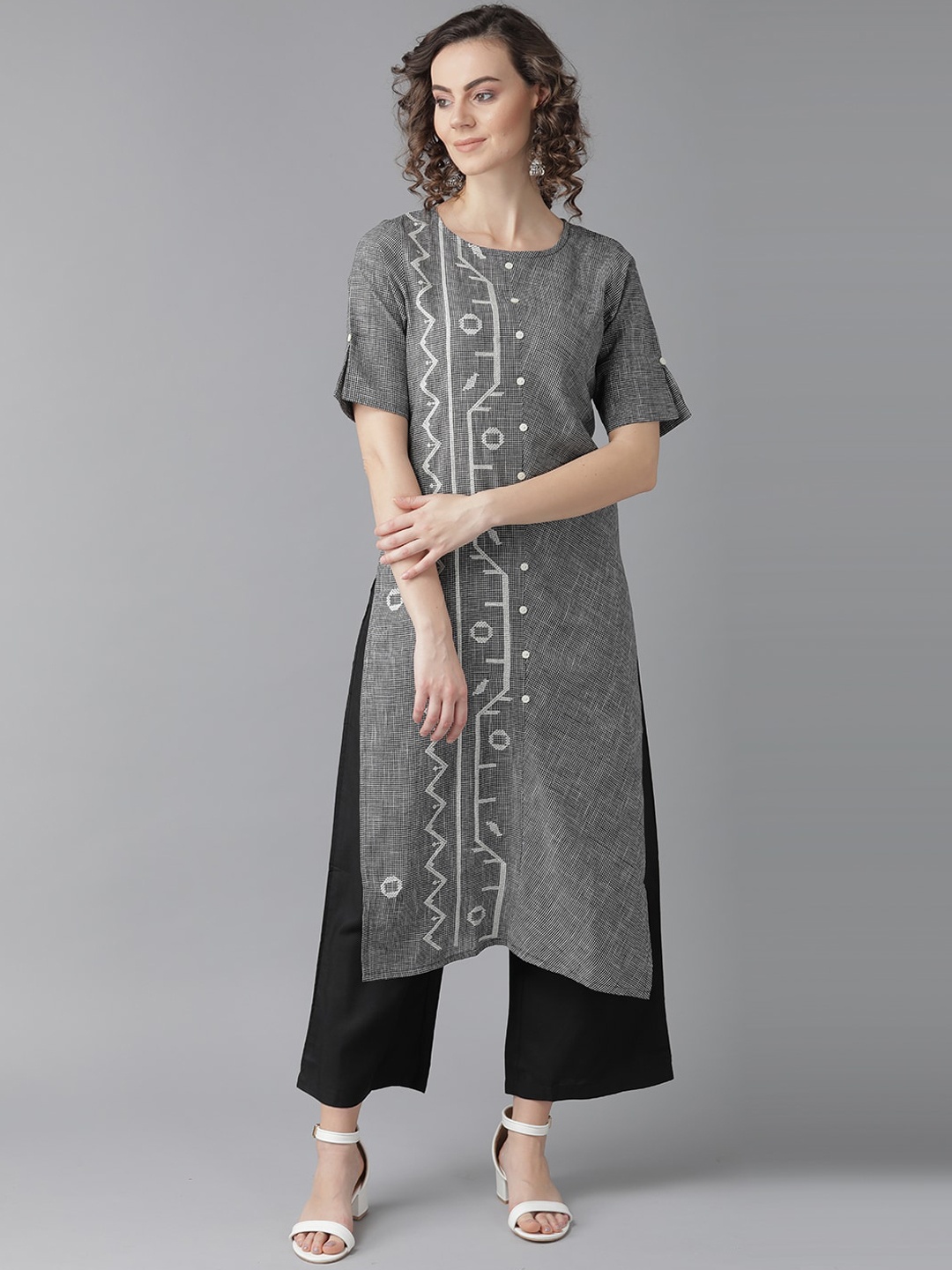 

Indo Era Women Grey Panelled Pure Cotton Kurta with Trousers