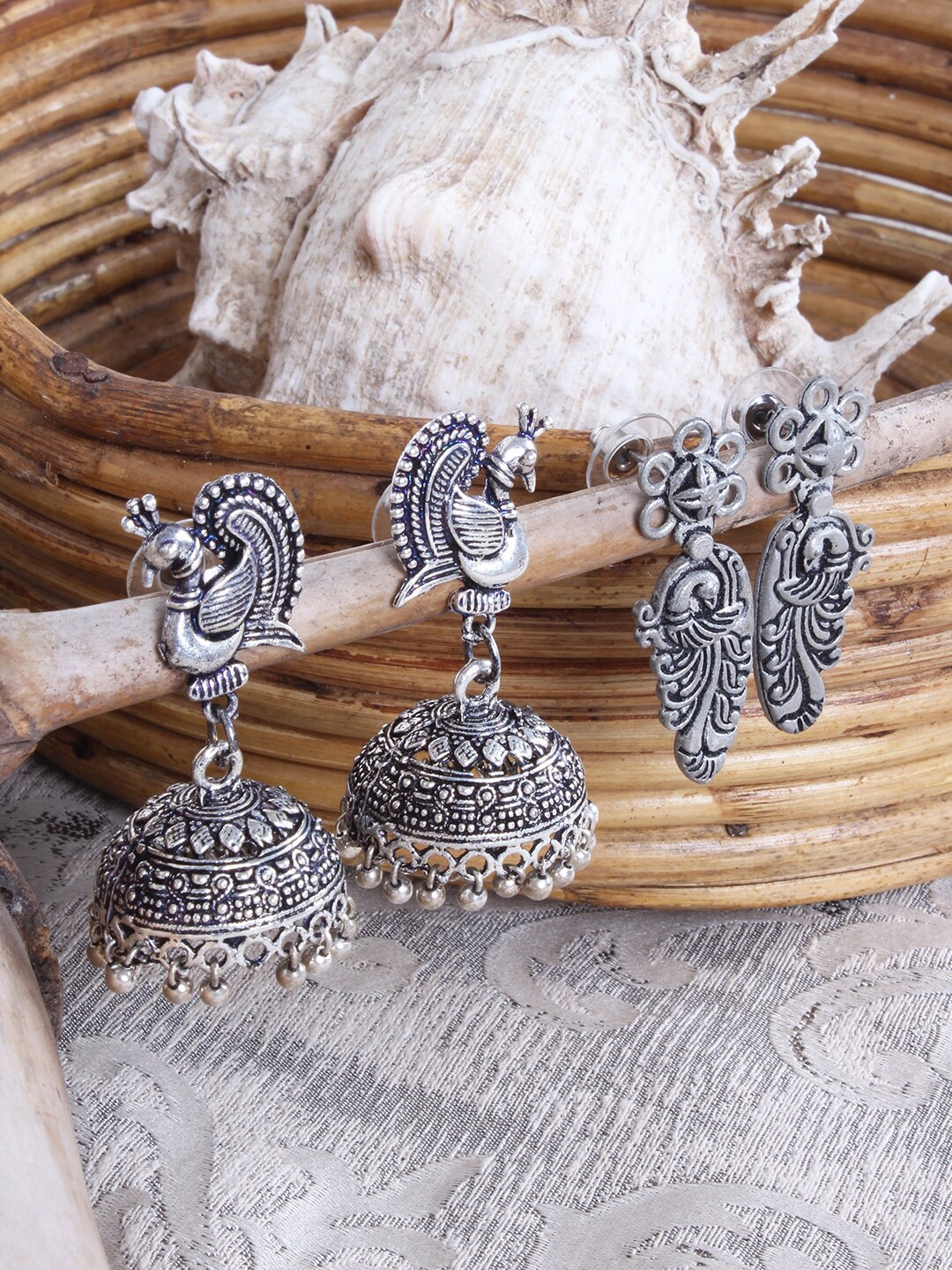 

Ayesha Silver-Plated Set of 2 Oxidized Jhumka & Dangler Drop Earrings