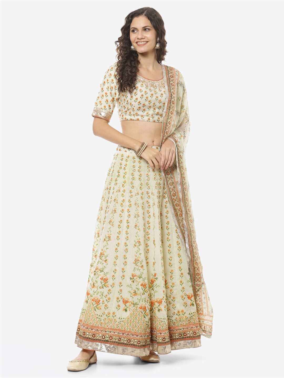 

Biba Cream-Coloured & Green Embroidered Ready to Wear Lehenga & Blouse & Dupatta