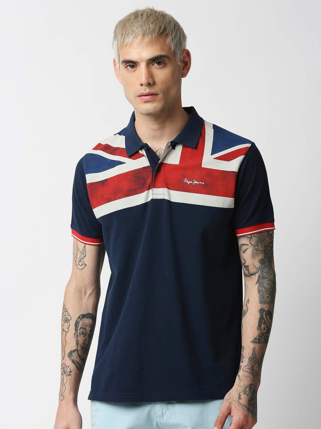 

Pepe Jeans Men Blue & Red Printed Polo Collar T-shirt