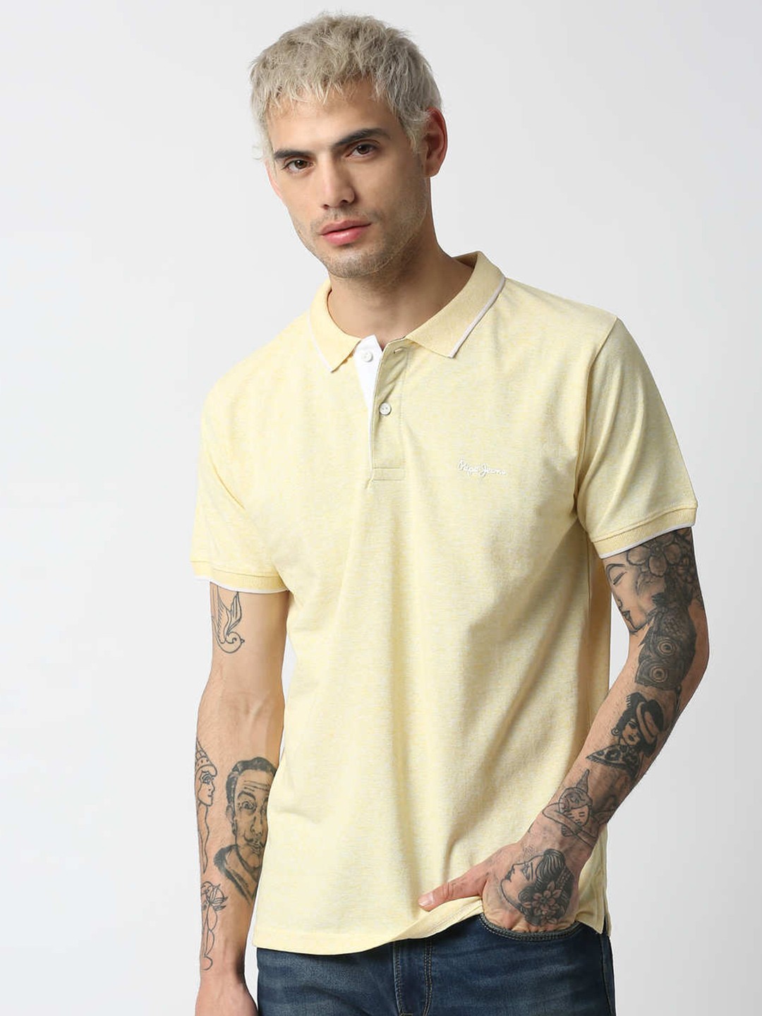

Pepe Jeans Men Yellow Solid Lightweight Polo Collar T-shirt