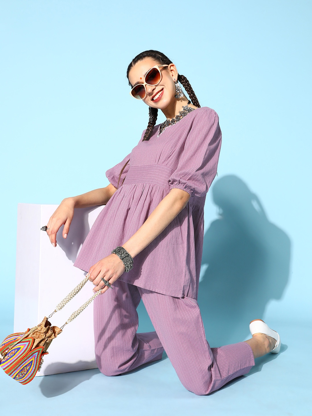 Stylum Woven Design Pure Cotton All in the Details Kurta Set, Lavender