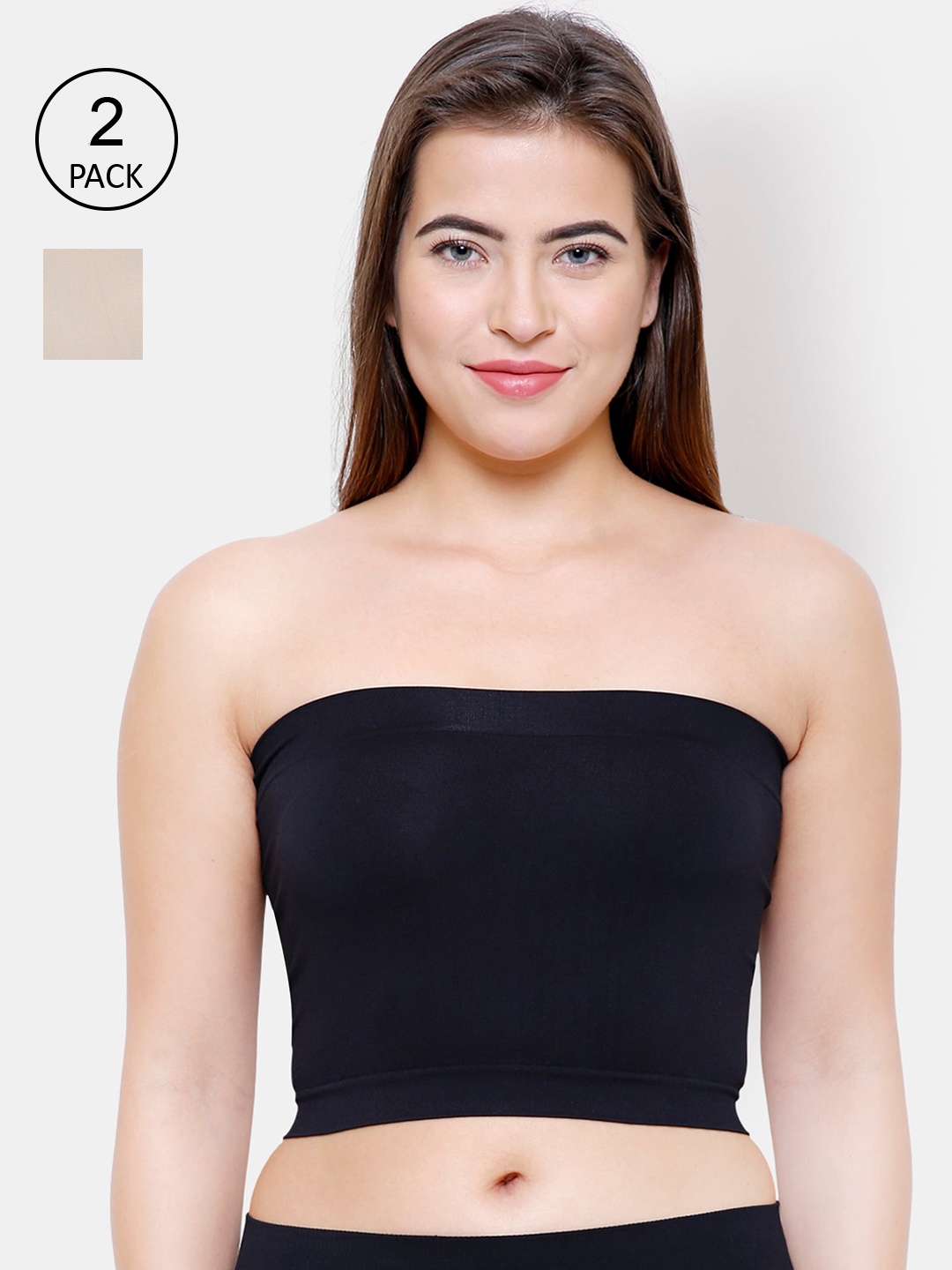 

FashionRack Women Pack of 2 Black & Beige Strapless Camisoles