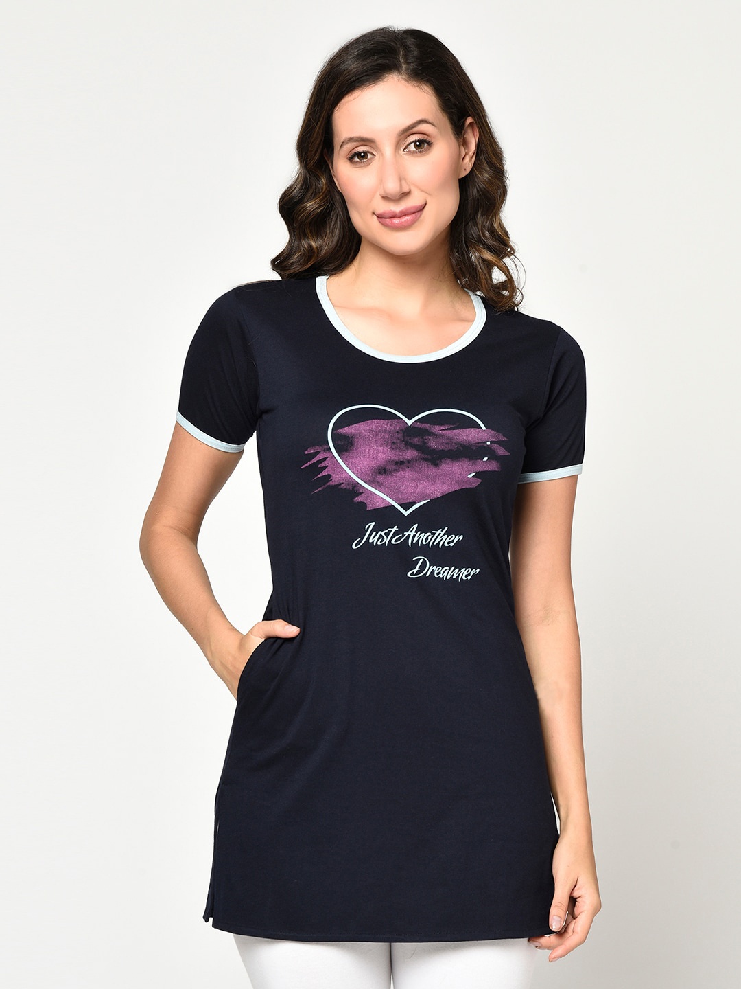 

CUSHYBEE Women Navy Blue Printed Longline T-shirt
