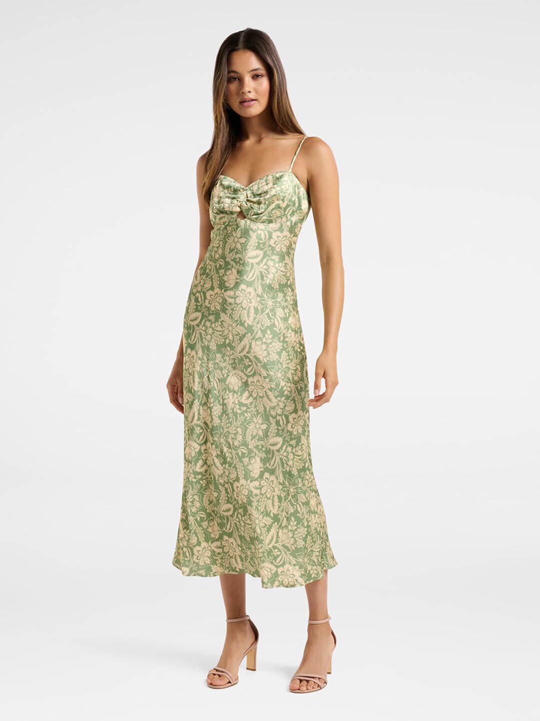 

Forever New Green & Beige Ethnic Motifs Strappy A-Line Midi Dress