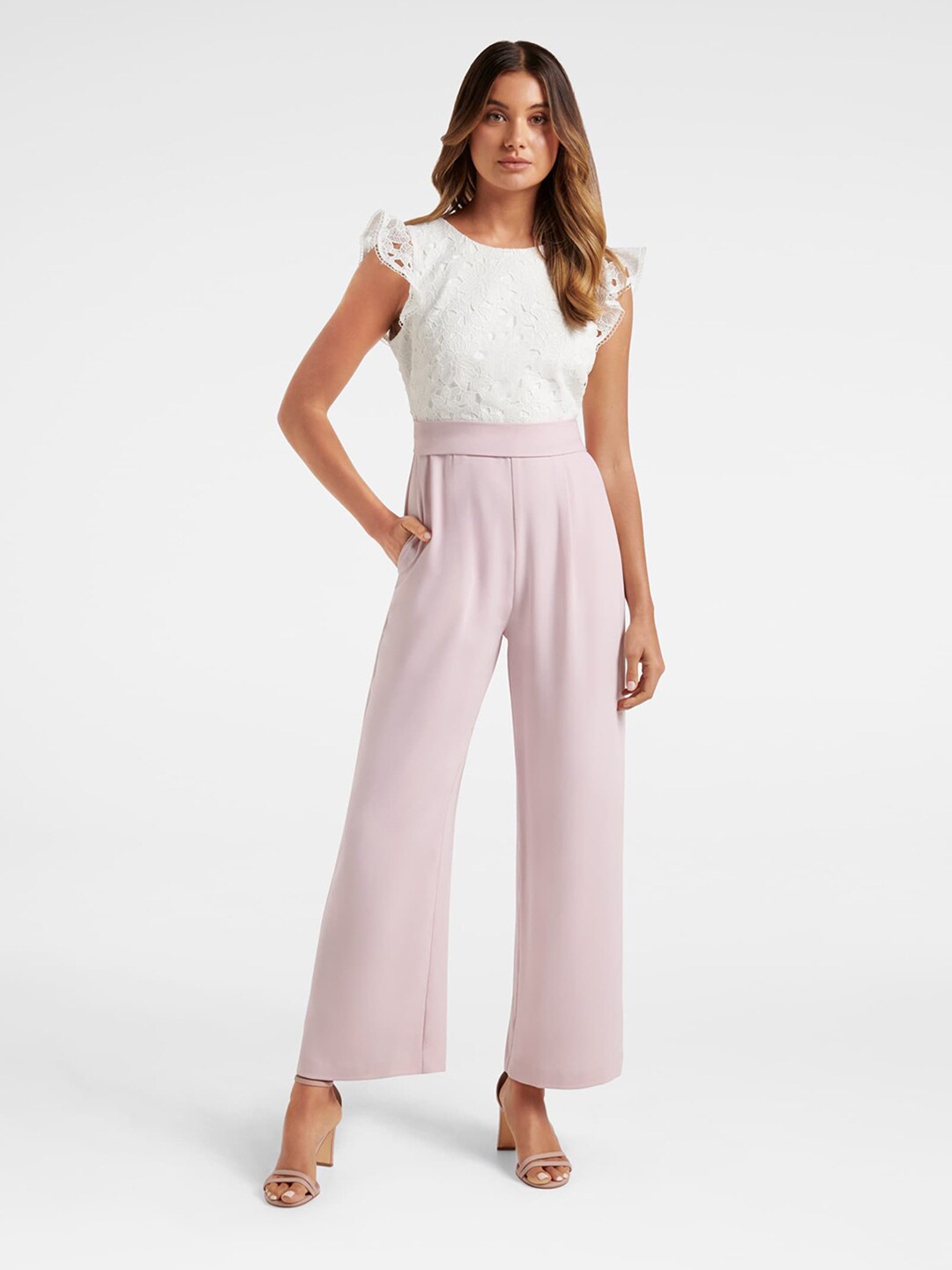 

Forever New Women Pink & White Solid Lace Basic Jumpsuit