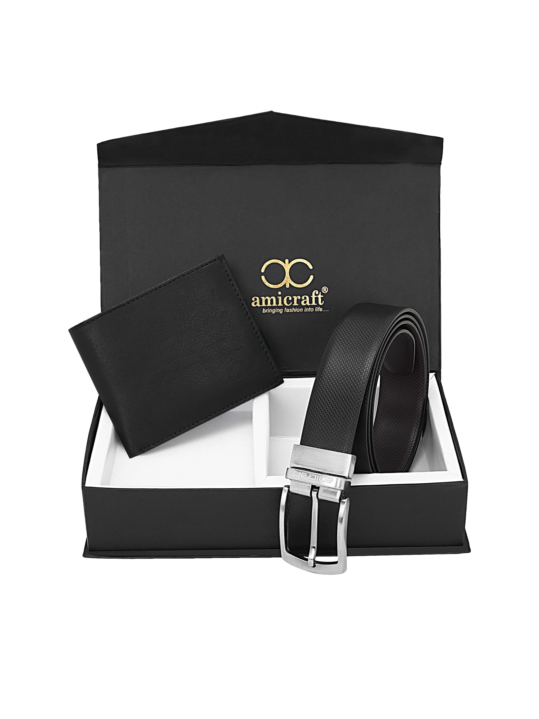 

amicraft Men Black Wallet & Belt Vegan Leather Accessory Gift Set