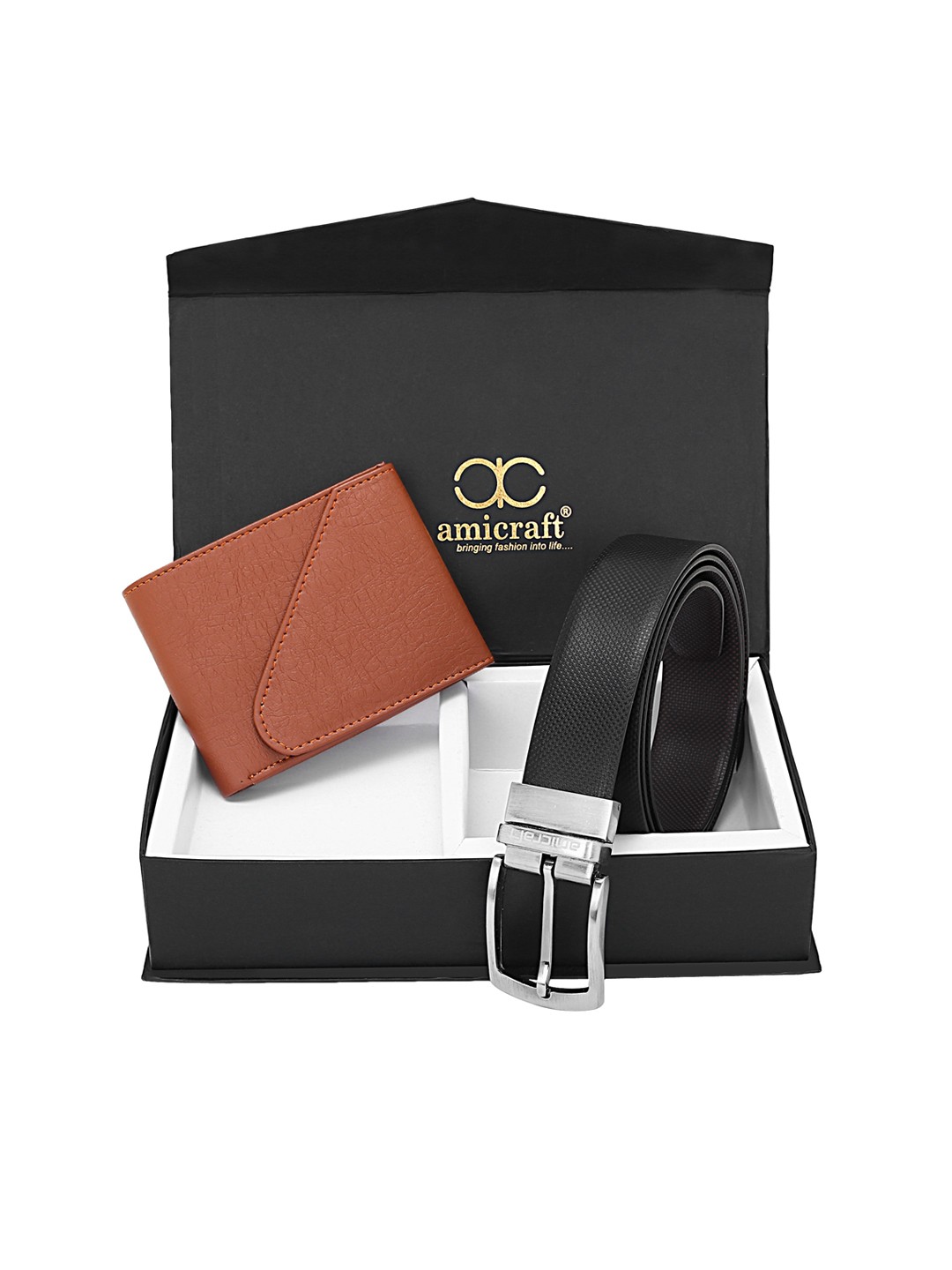 

amicraft Men Black & Brown Vegan Leather Accessory Gift Set