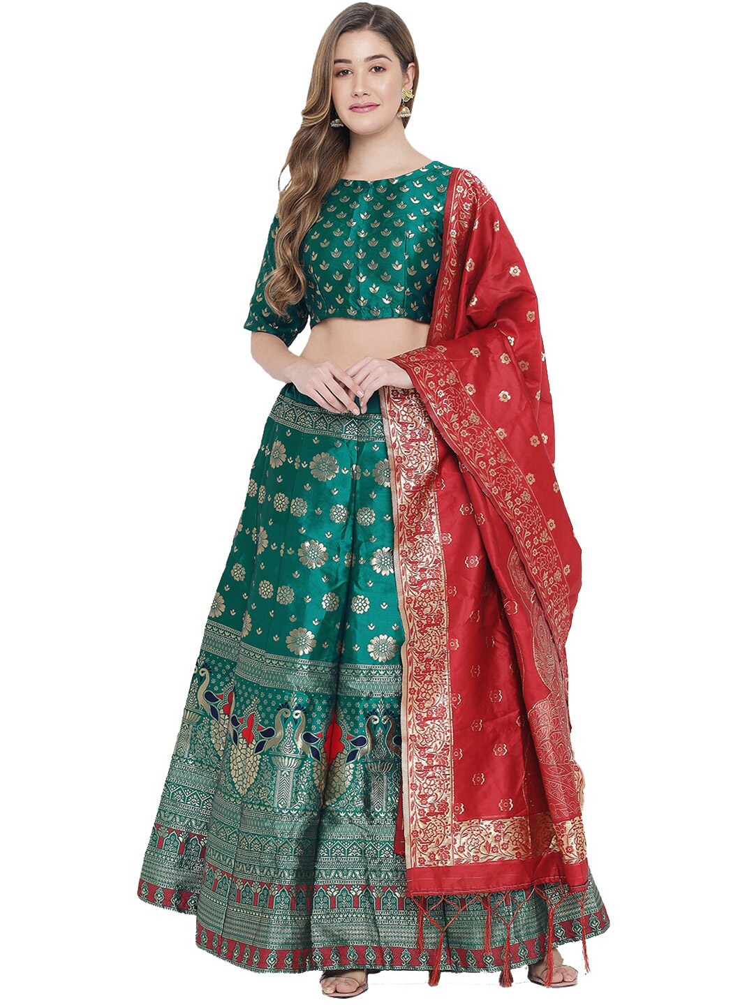 

DIVASTRI Green & Golden Ready to Wear Lehenga & Unstitched Blouse With Dupatta