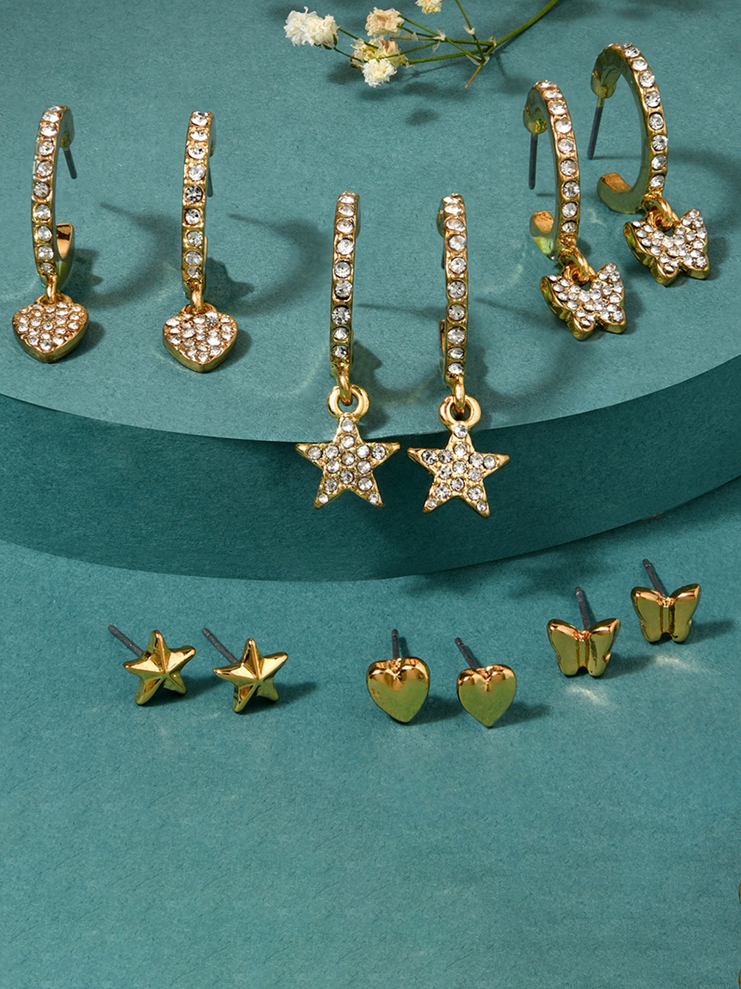 

Lilly & sparkle Set Of 6 Gold-Toned Crystal Studded Heart, Butterfly, Star Hoop Earrings & Studs