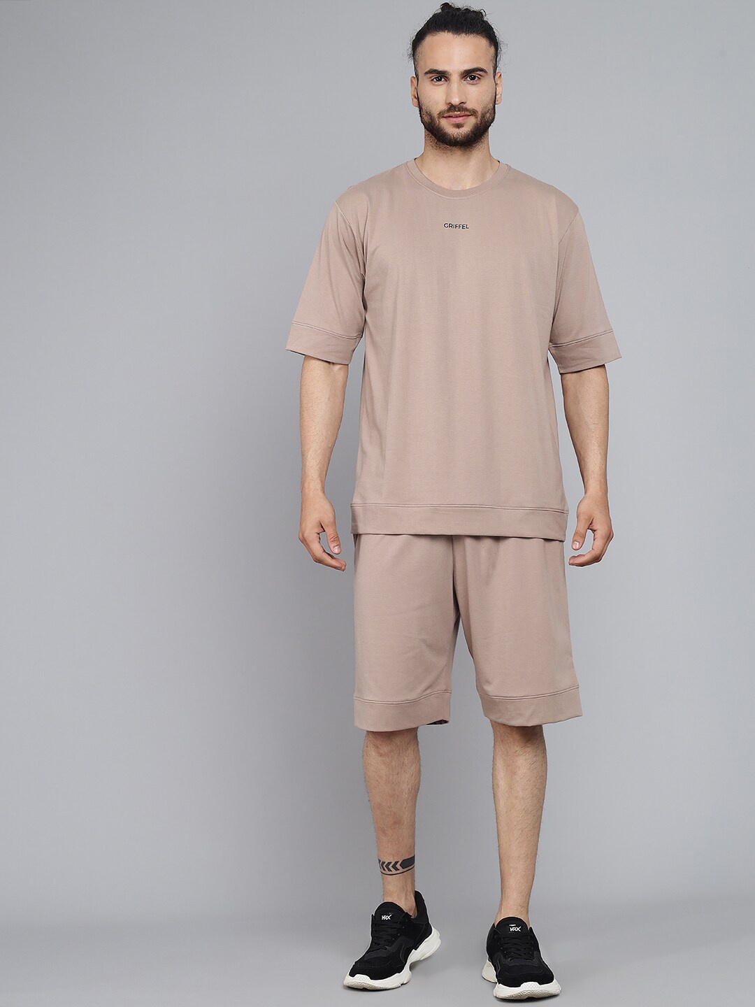 GRIFFEL Men Brown Solid Oversized Loose Fit T-shirt and Shorts Set