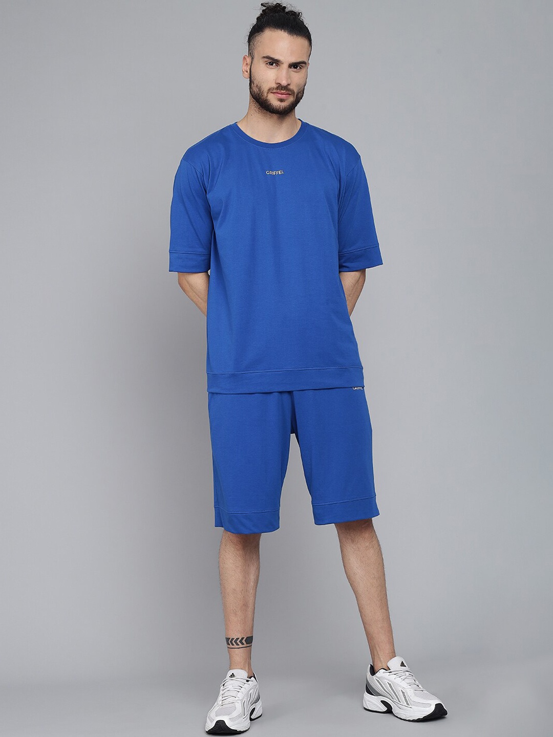 

GRIFFEL Men Blue Solid Loose fit Pure Cotton T-shirt Short Co-Ords Set