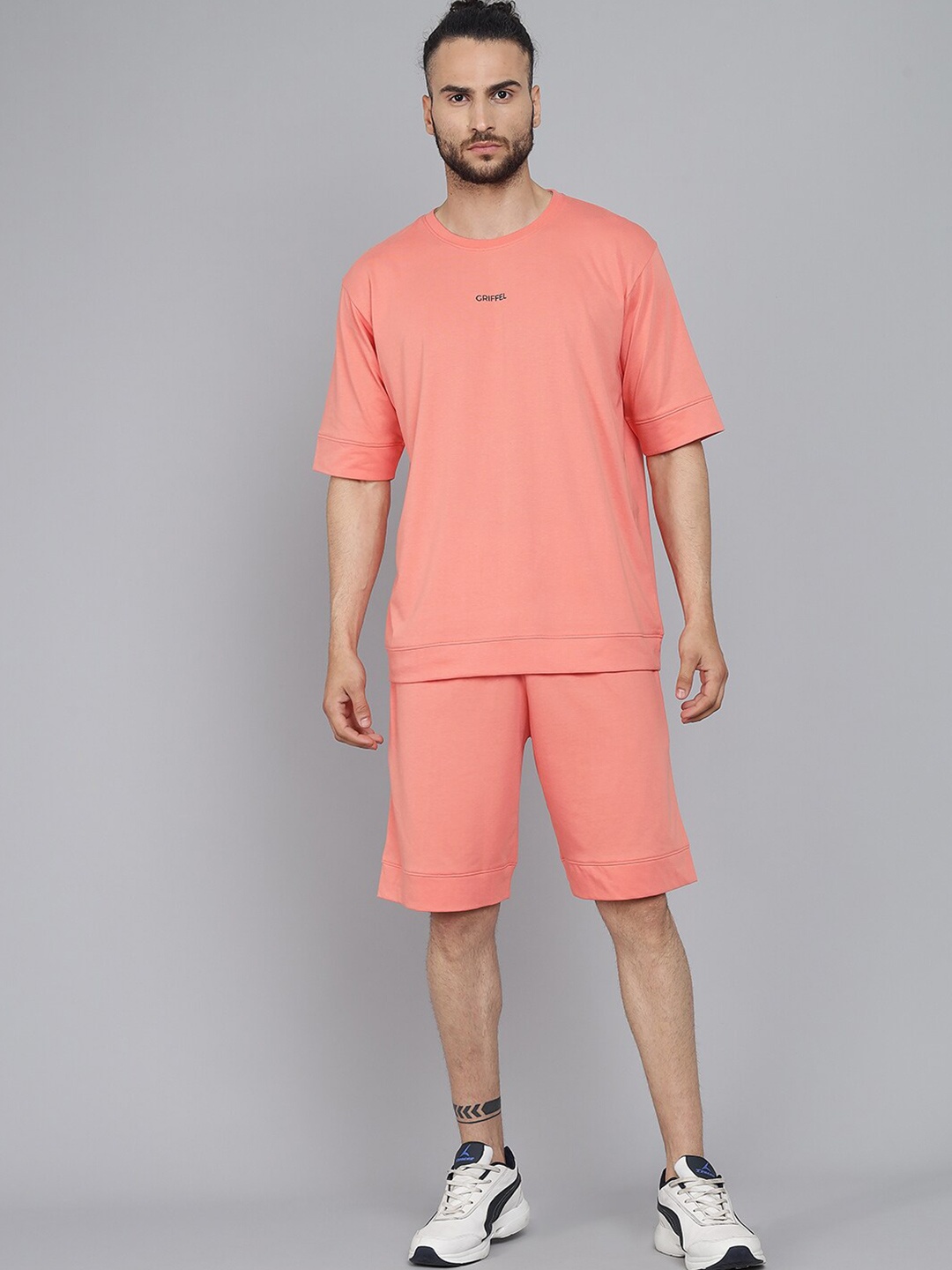 

GRIFFEL Men's Peach-coloured Solid Oversized Loose fit T-shirt and Shorts Set