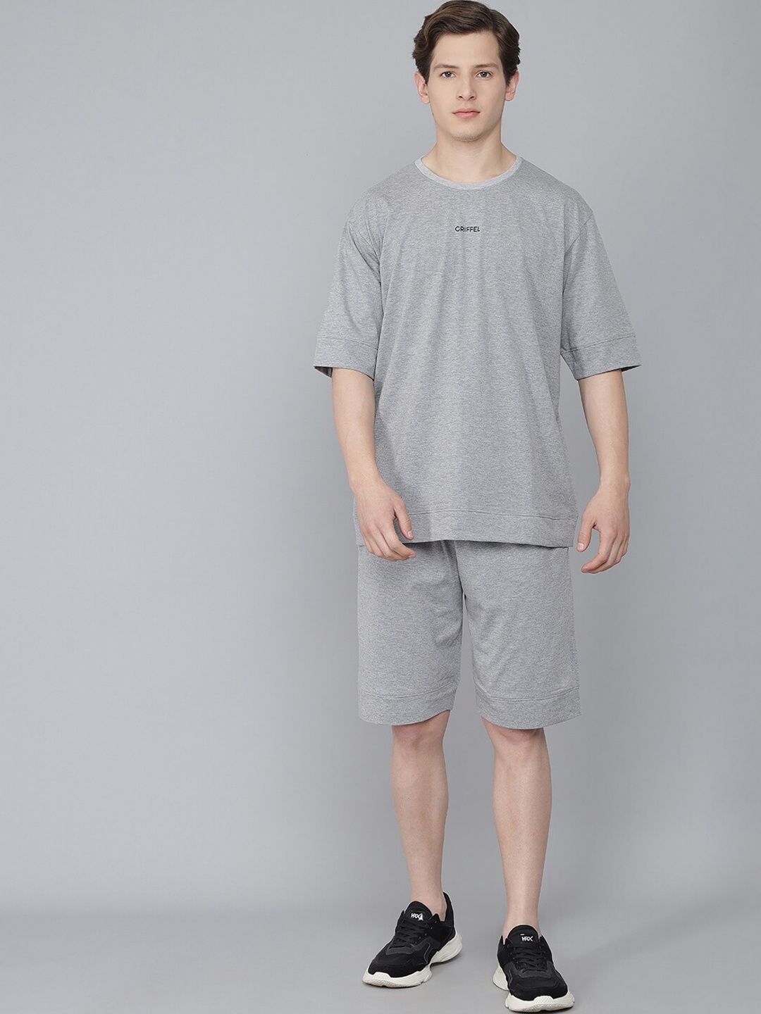 

GRIFFEL Men Grey Melange Solid Oversized Loose Fit T-shirt and Shorts Set