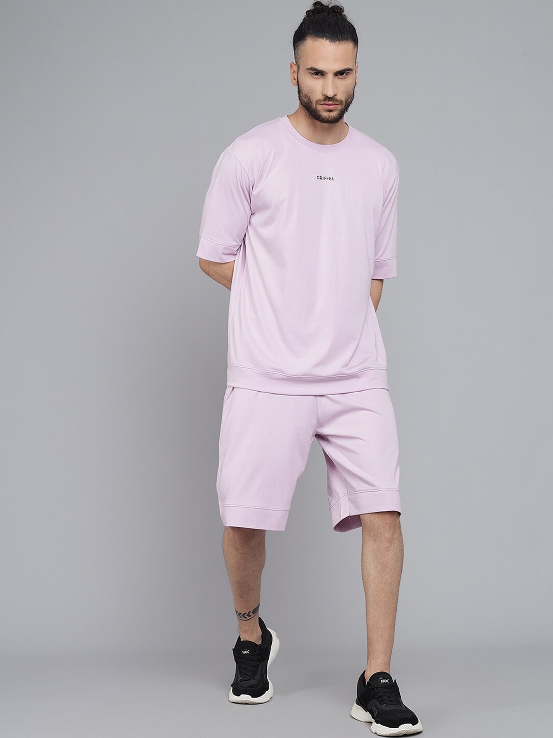 GRIFFEL Men Purple Solid Oversized Loose Fit T-shirt and Shorts Set