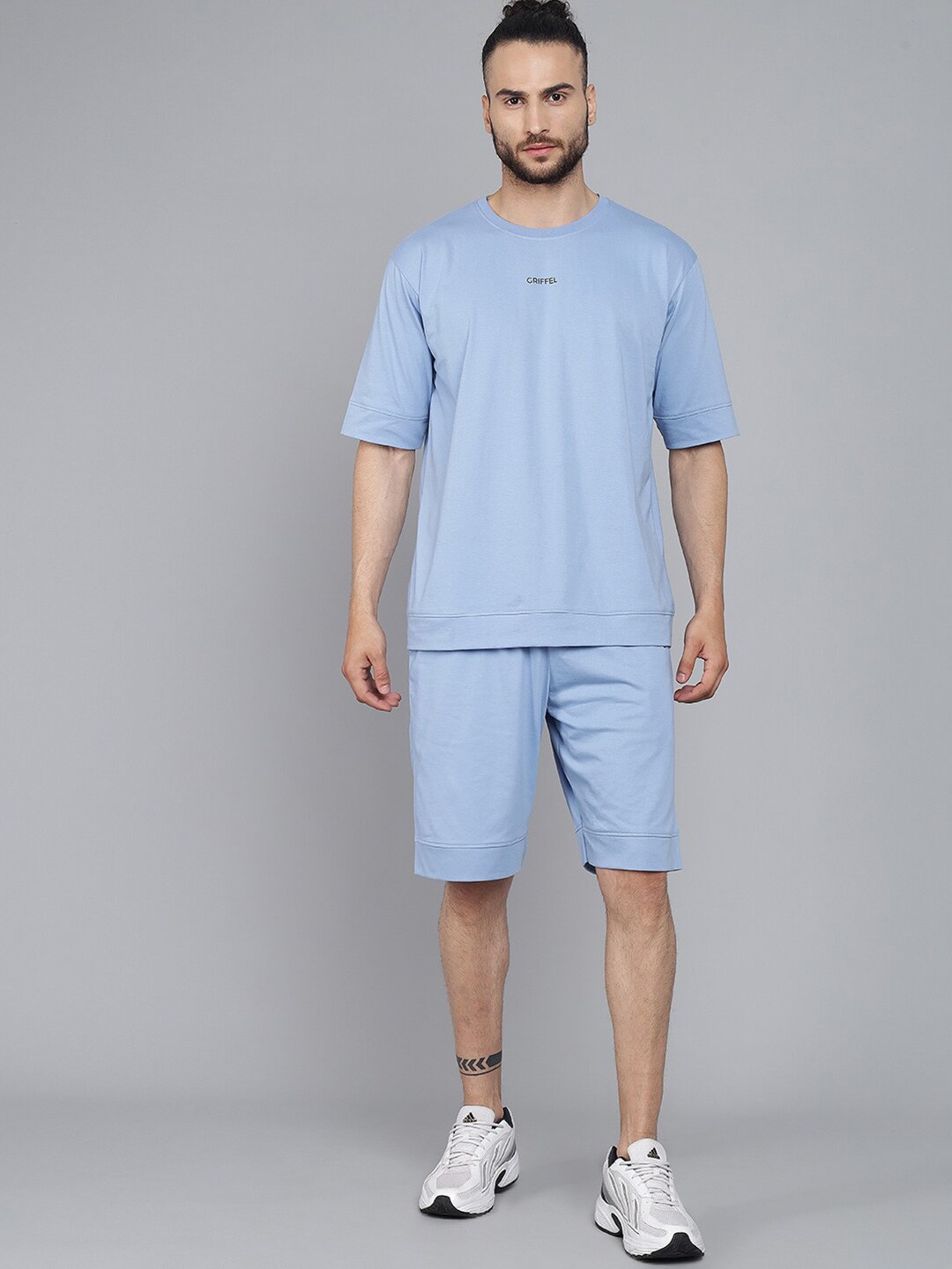 

GRIFFEL Men Turquoise Blue Cotton T-shirt with Shorts