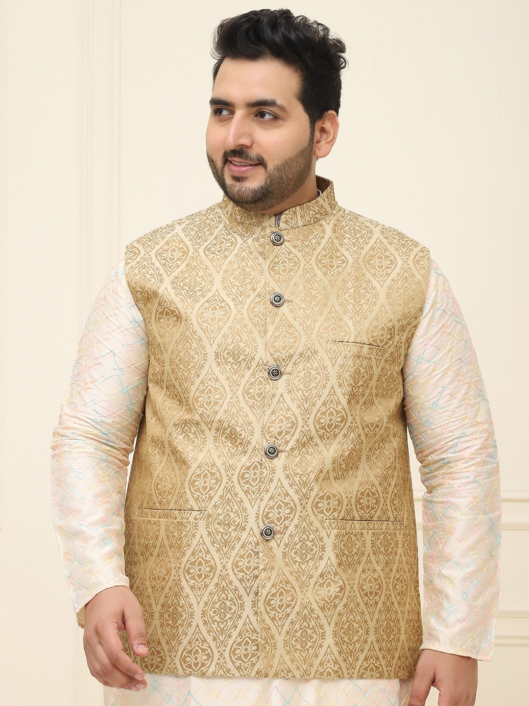 

Sojanya PLUS Men's Beige & Golden Woven Design Nehru Jacket