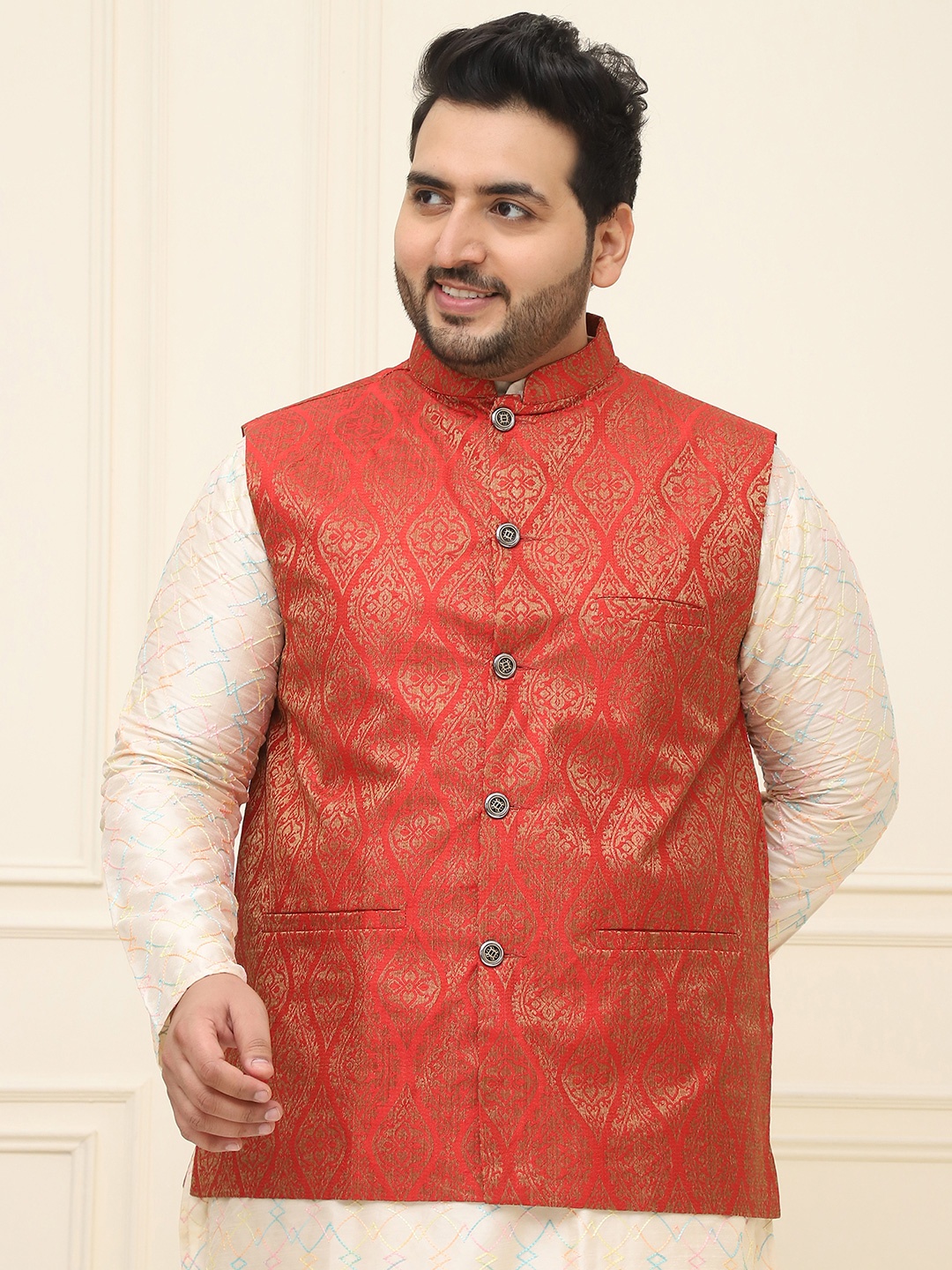 

SOJANYA PLUS Men Red & Golden Woven Design Jacquard Nehru Jacket
