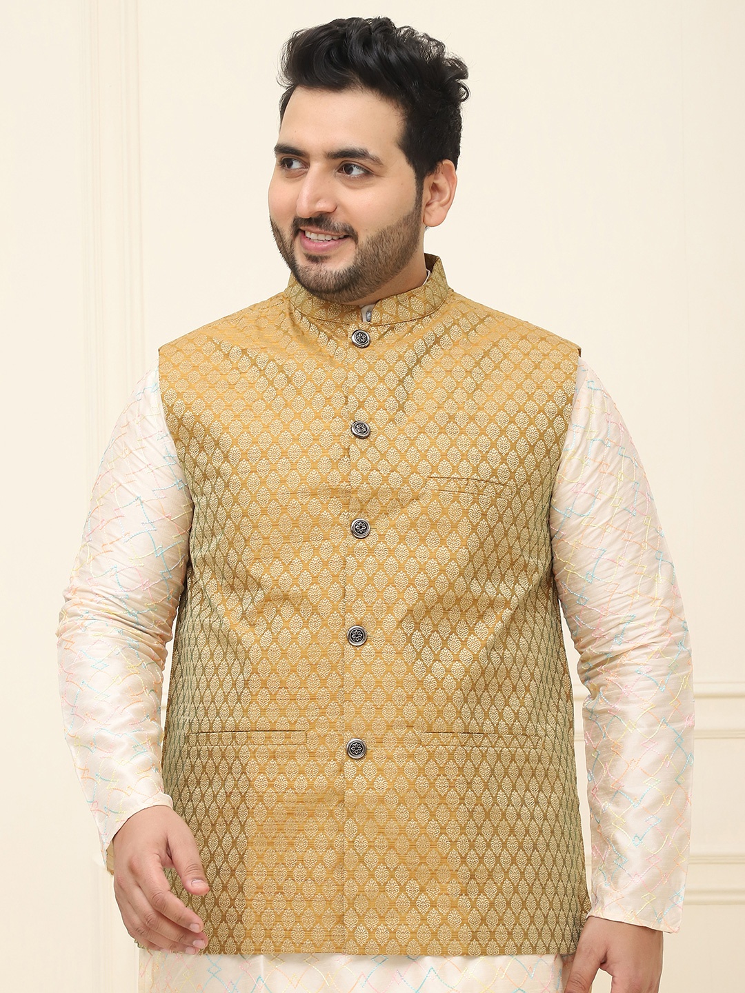 

Sojanya PLUS Men's Mustard Yellow & Golden Woven Design Nehru Jacket