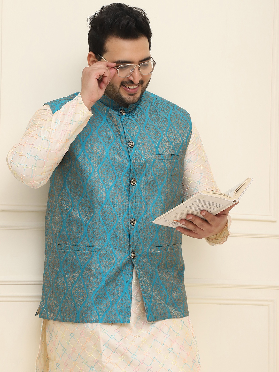 

SOJANYA PLUS Men Teal Jacquard Nehru Jacket