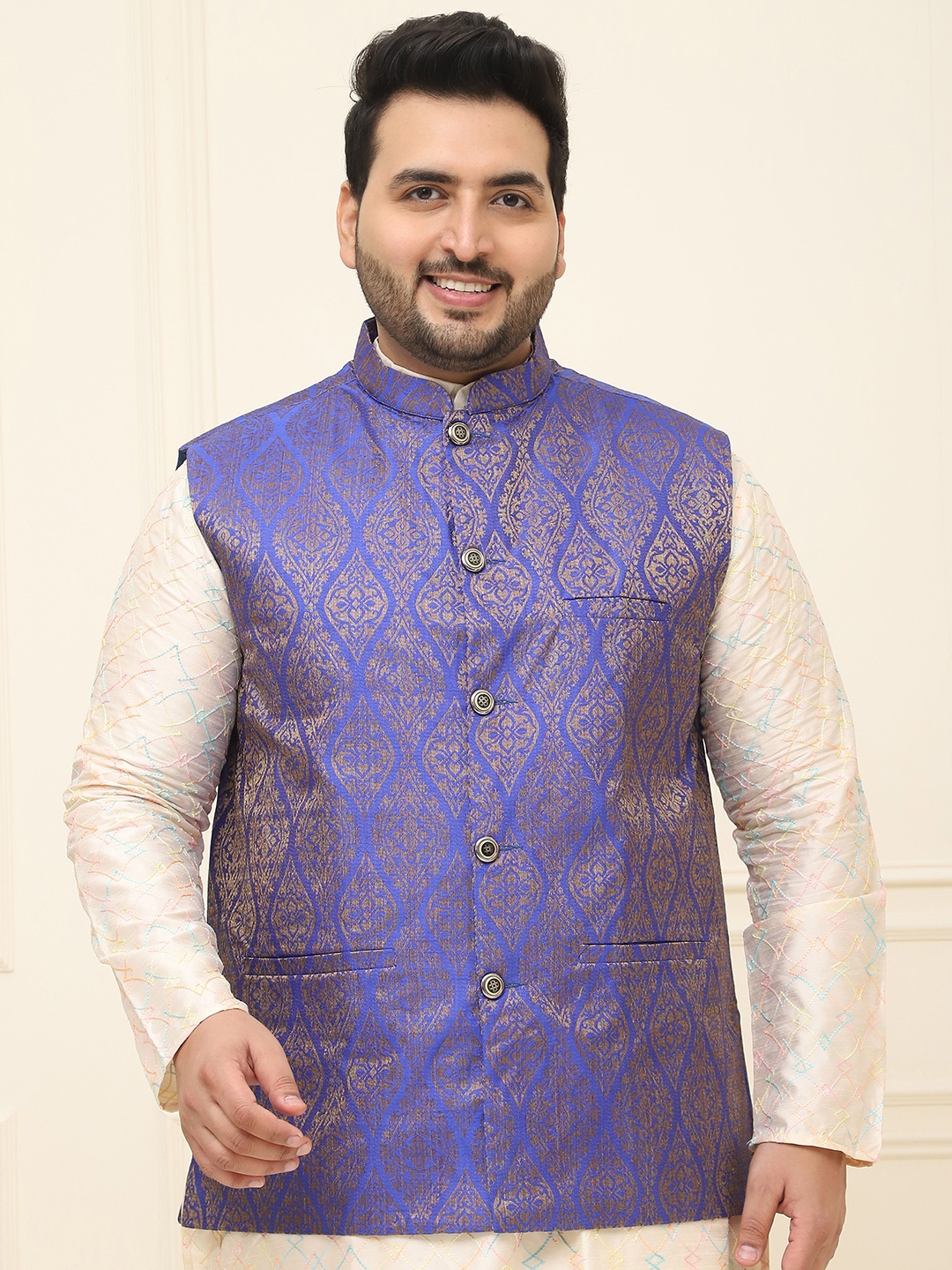 

Sojanya PLUS Men's Blue & Golden Woven Design Nehru Jacket