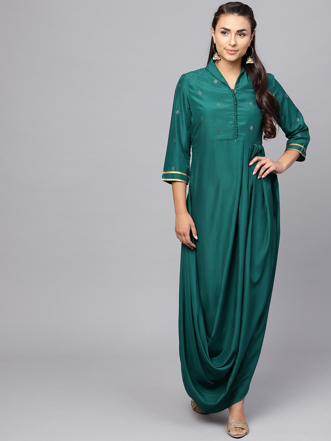 

Indo Era Green Crepe Maxi Mukaish Wrap Dress