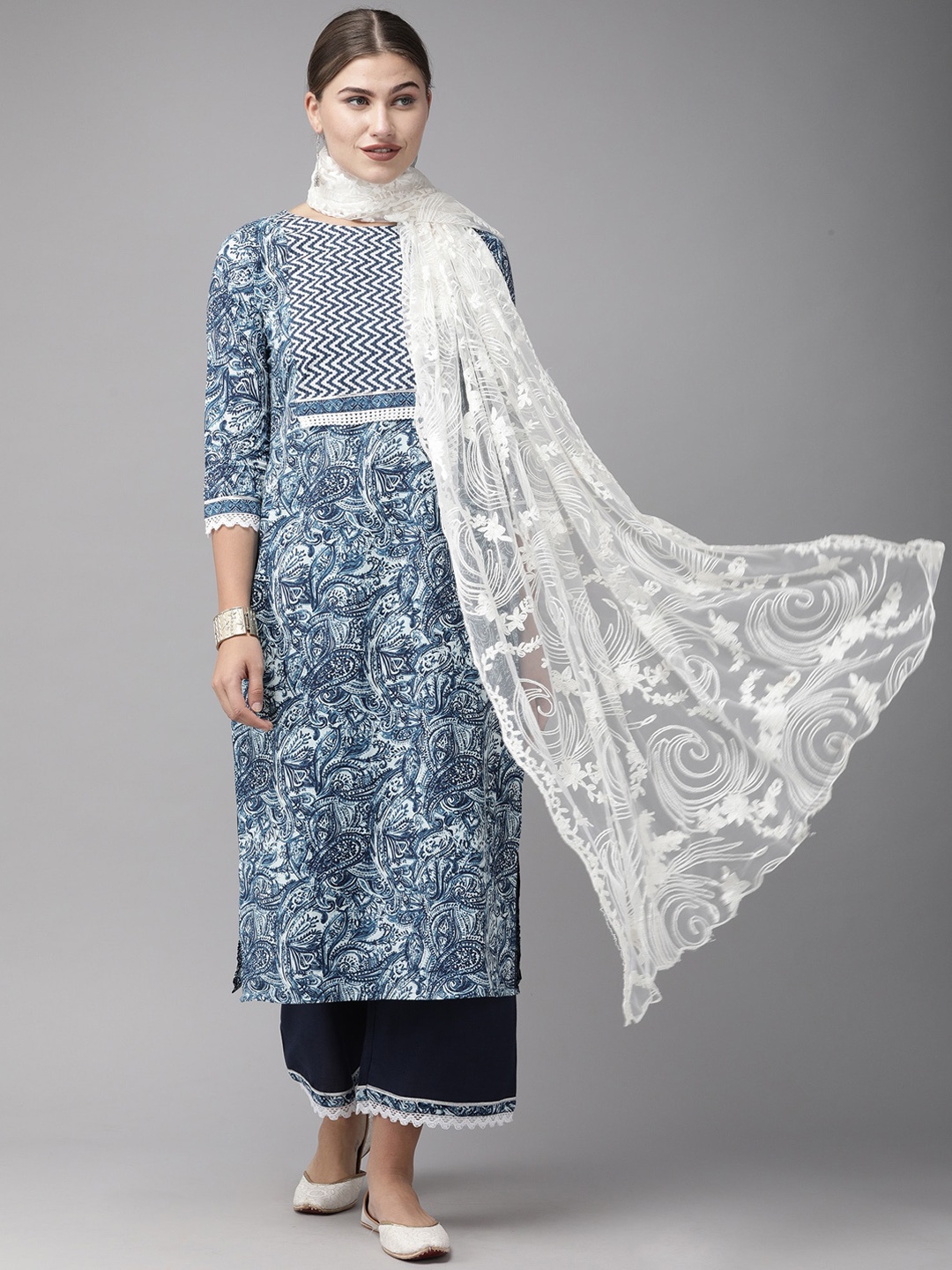 

Indo Era Women Blue Printed Empire Pure Cotton Kurta with Palazzos & With Dupatta