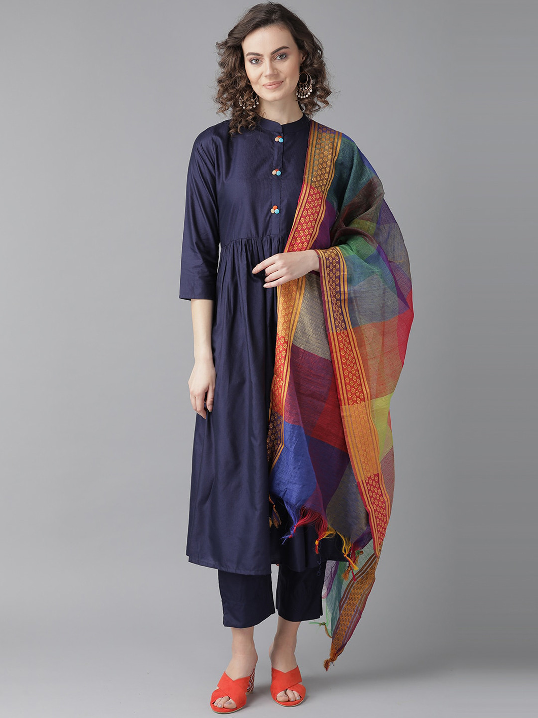 

Indo Era Women Navy Blue Pleated Beads and Stones Kurti with Sharara & With Dupatta