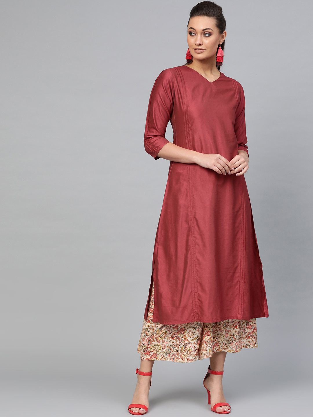

Indo Era Women Maroon Ethnic Motifs Pleated Kurta with Palazzos
