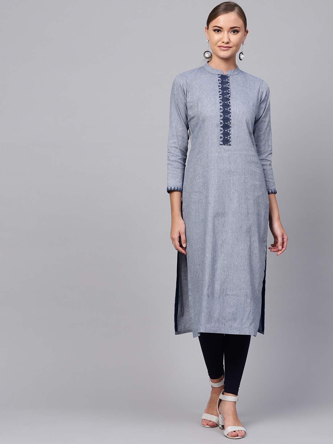 

Indo Era Women Blue Yoke Design Thread Work Kurta