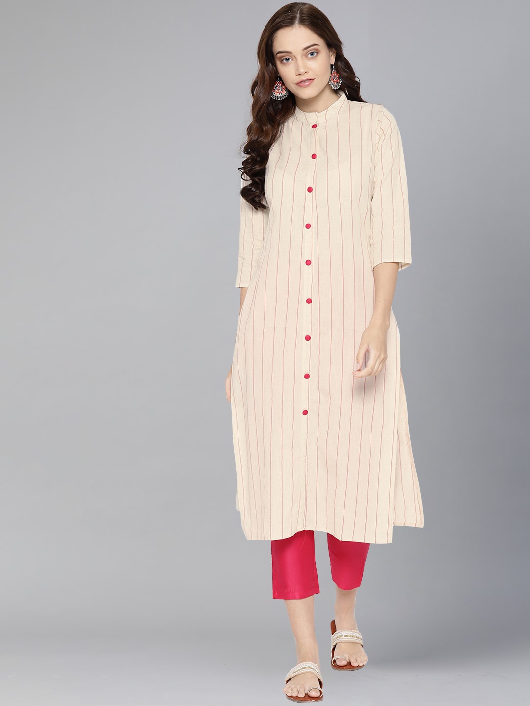 

Indo Era Women Cream-Coloured Striped Cotton Kurta