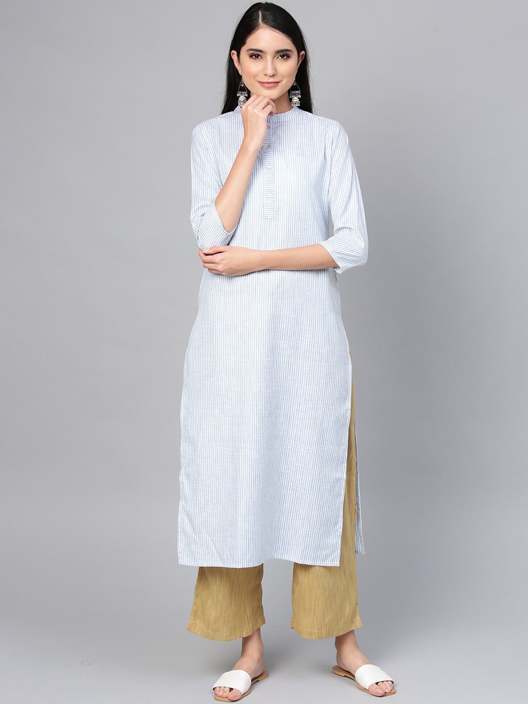 

Indo Era Women Blue Striped Cotton Kurta