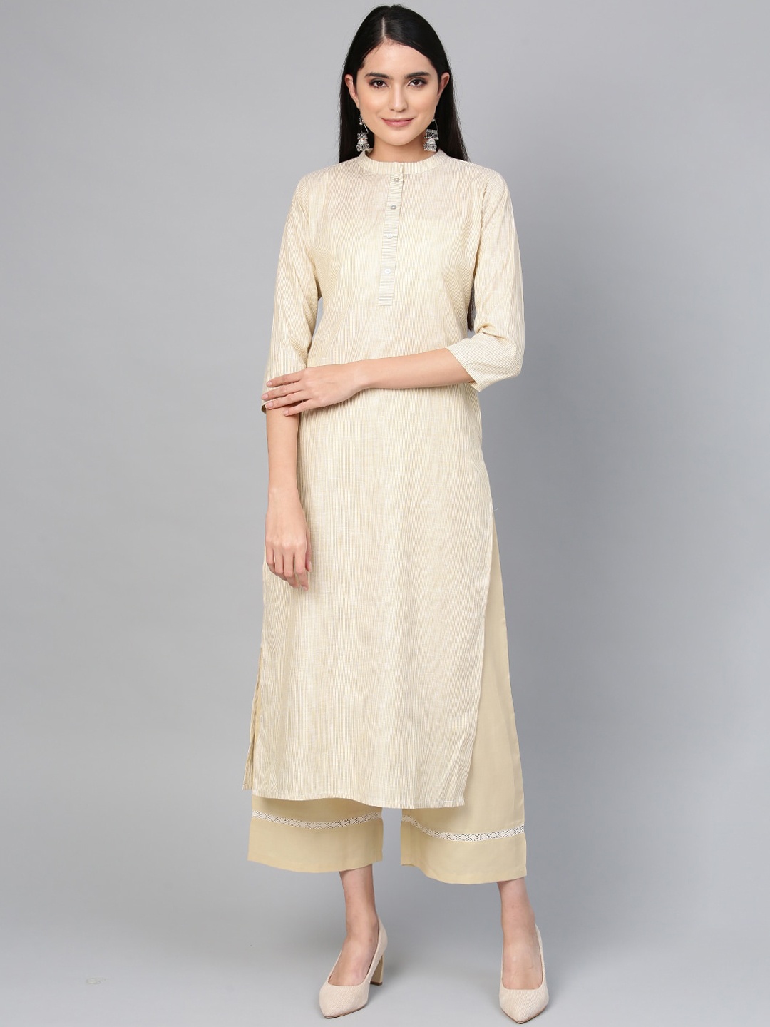 

Indo Era Women Beige Striped Cotton Kurta