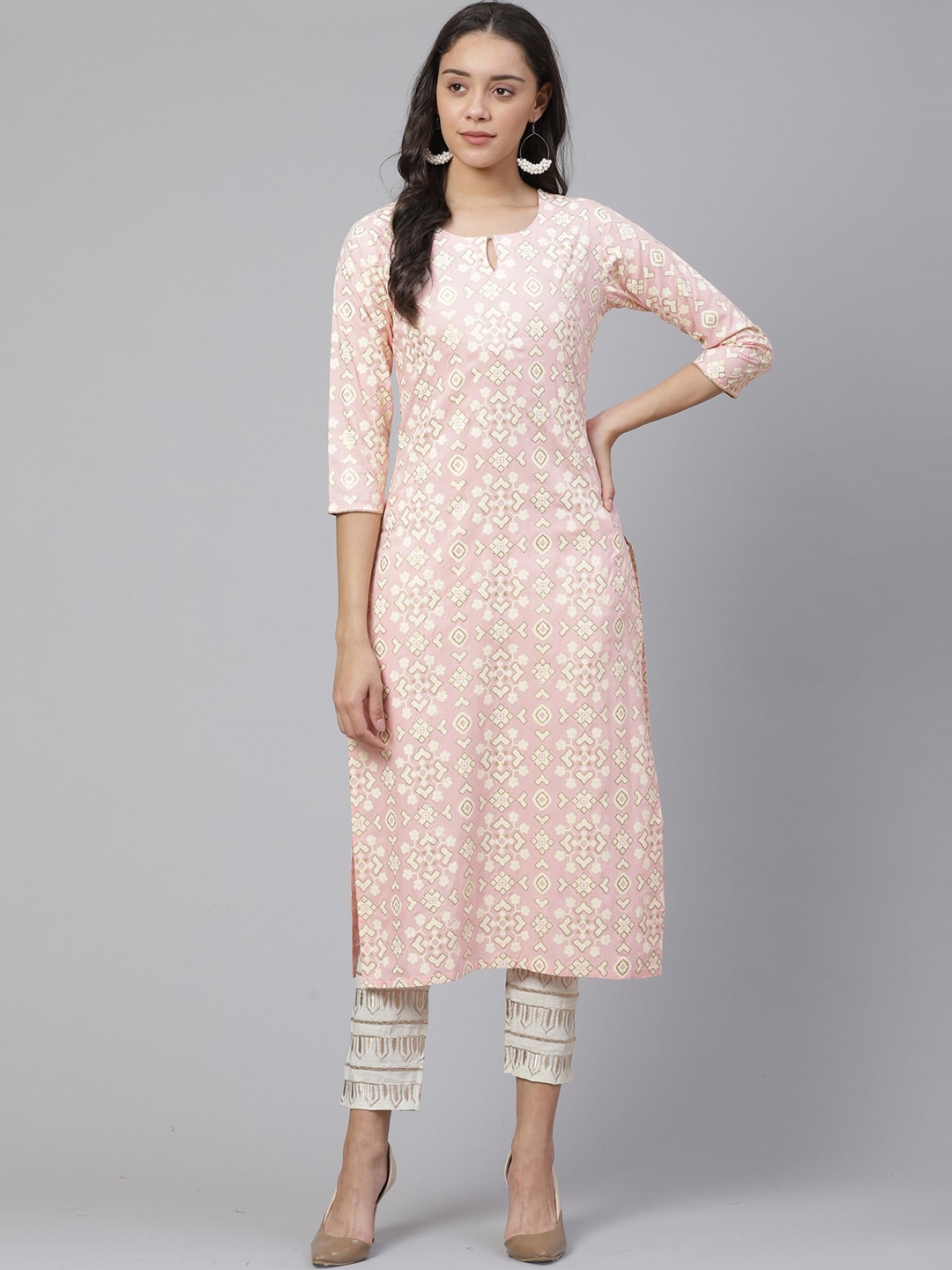 

Indo Era Women Pink Floral Printed Keyhole Neck Kurta
