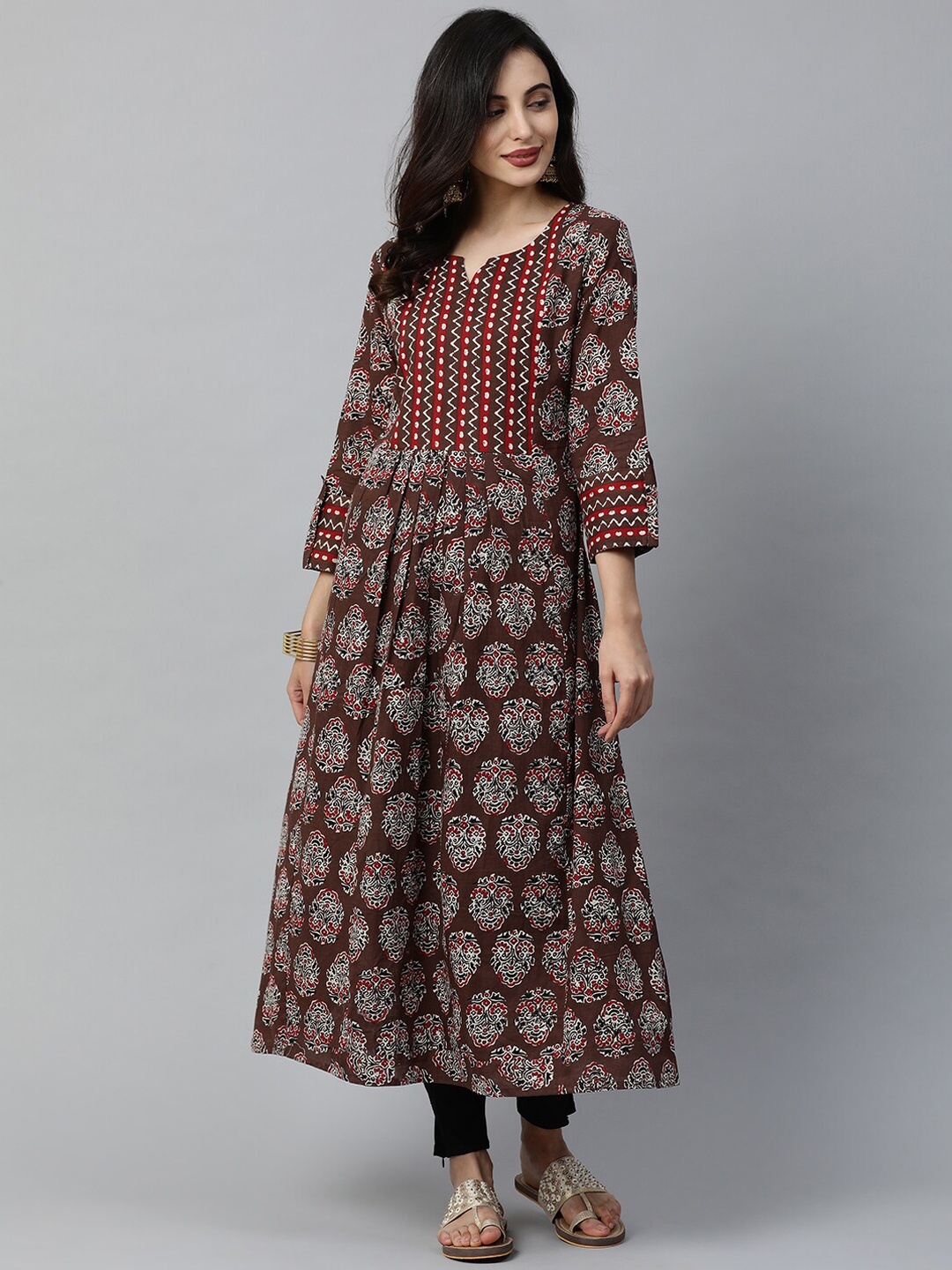 

Indo Era Women Brown Ethnic Motifs Printed Cotton Anarkali Kurta