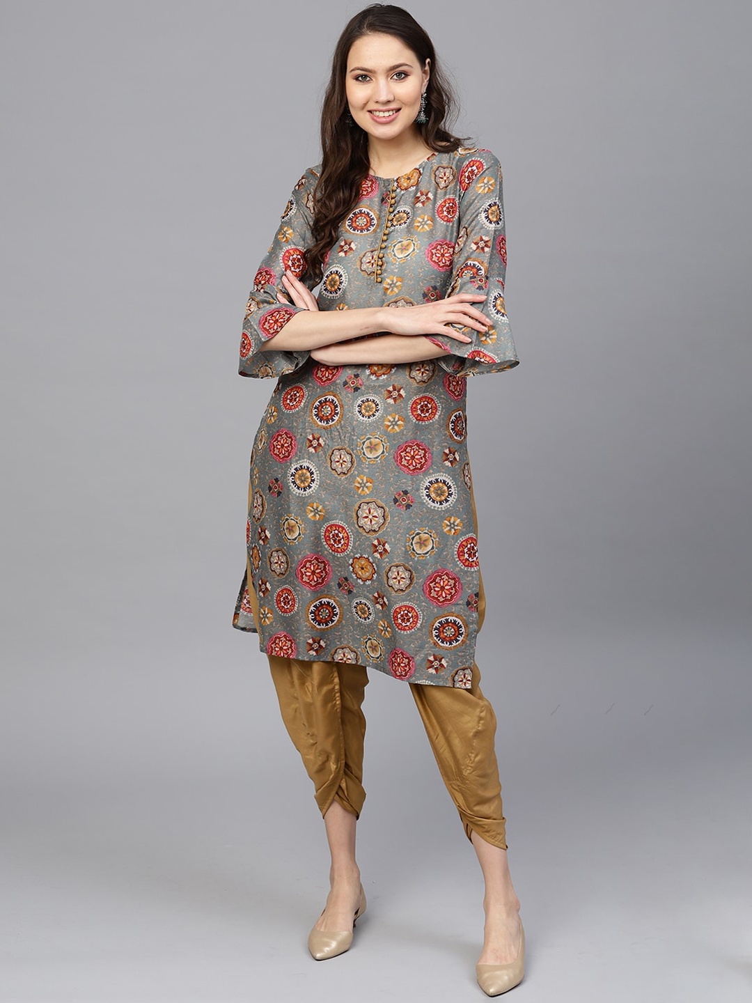 

Indo Era Women Grey Printed Layered Beads and Stones Kurti with Dhoti Pants