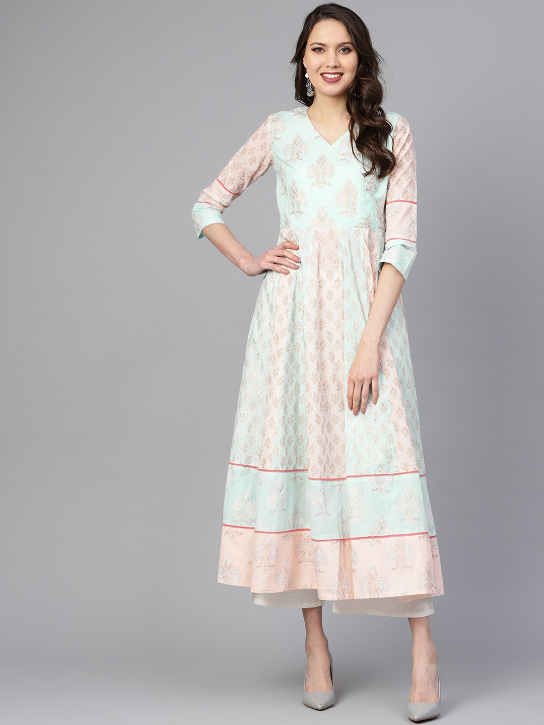 

Indo Era Women Pink & Blue Ethnic Motifs Printed Anarkali Kurta