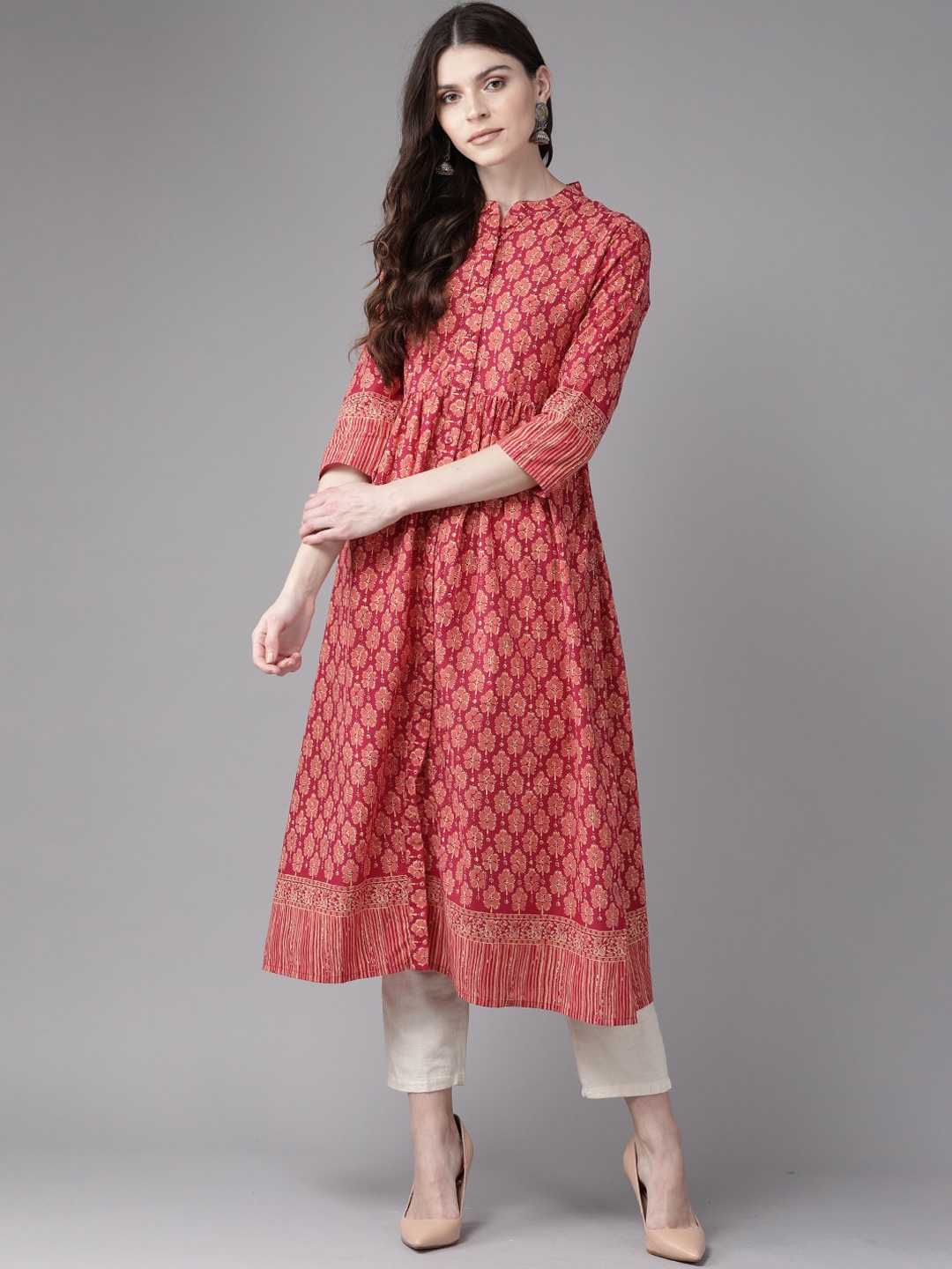 

Indo Era Women Pink Ethnic Motifs Printed Cotton Anarkali Kurta